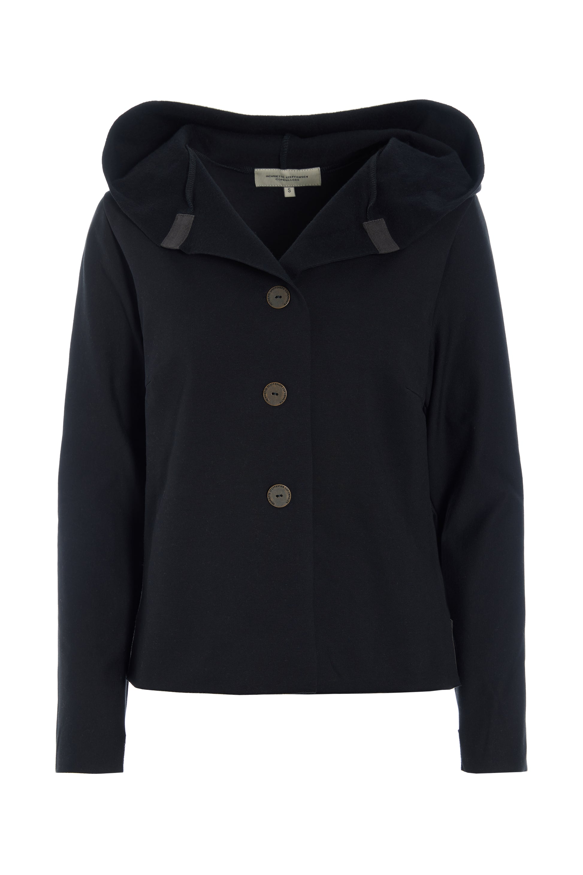 Henriette Steffensen women's black organic cotton hoodie with three-button closure.