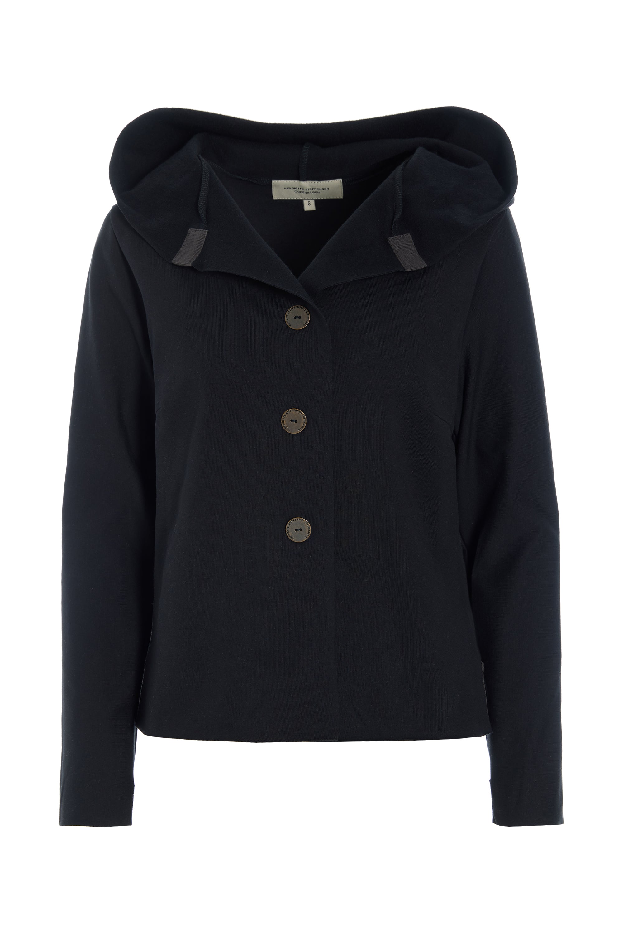 Henriette Steffensen women's black organic cotton hoodie with three-button closure.