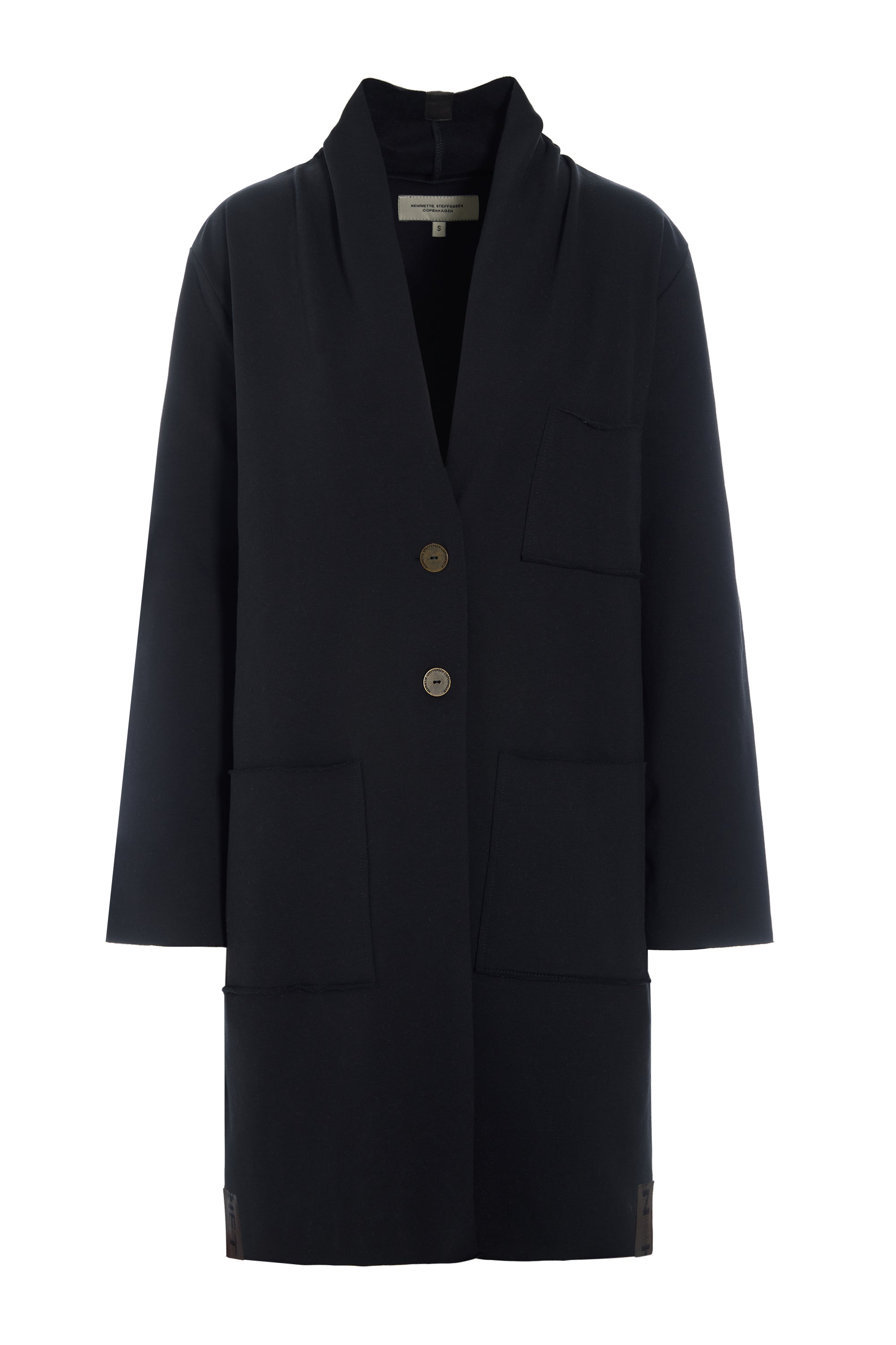 Henriette Steffensen black women's jacket in organic cotton with front button closure and pockets.