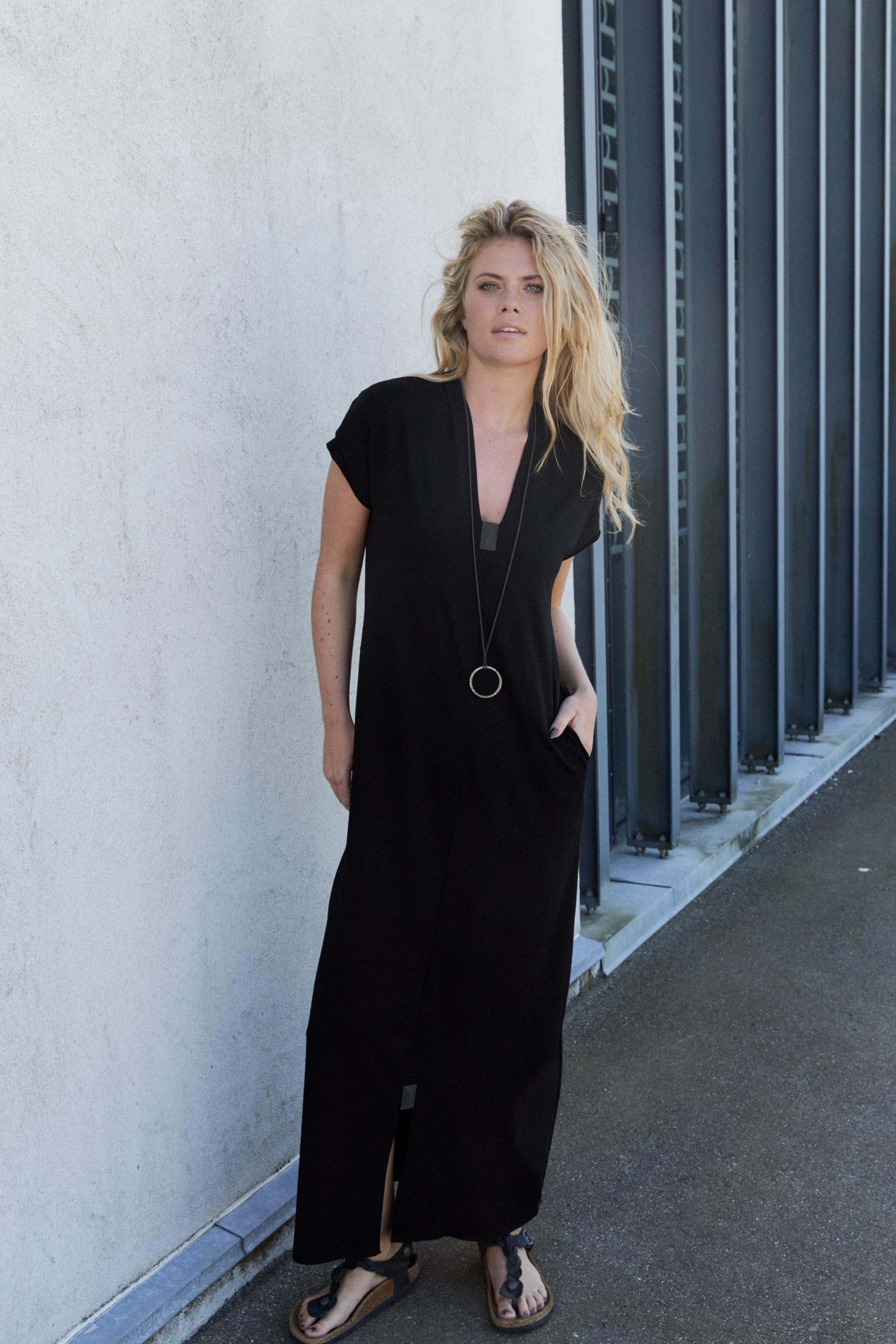 Henriette Steffensen Black V-Neck Collar Long Dress
