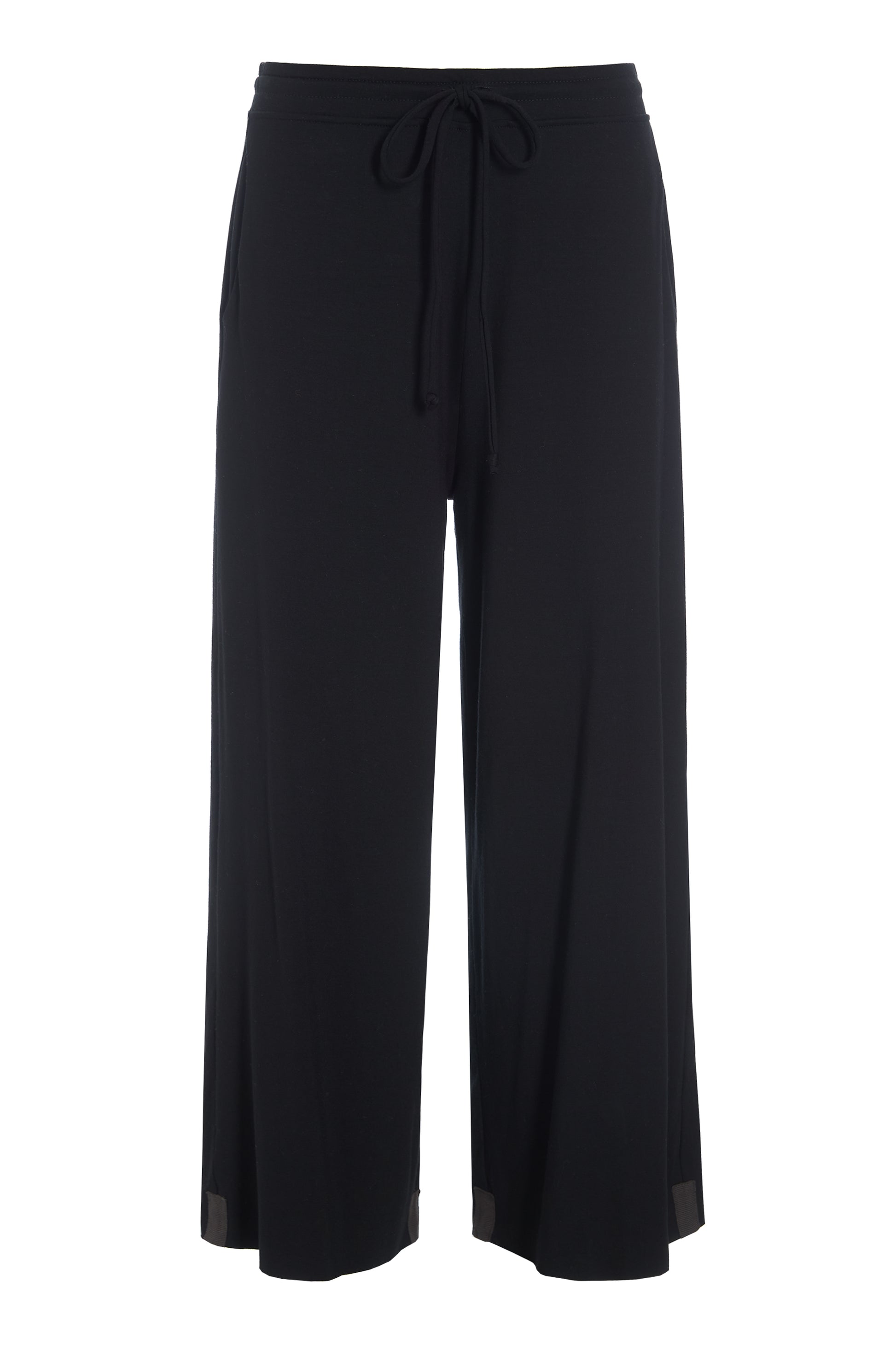 Black wide-leg pants with a drawstring waist on a white background