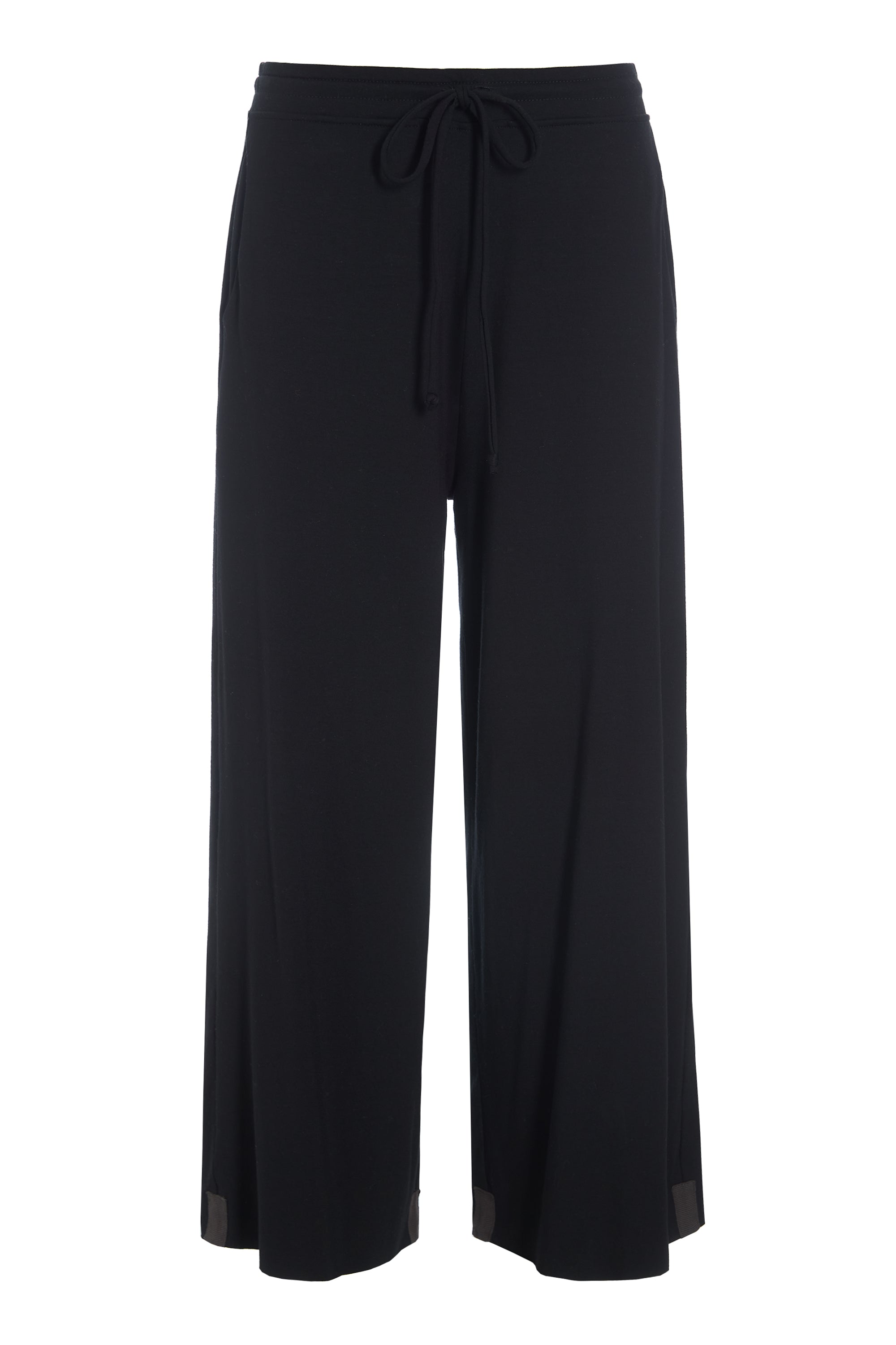 Black wide-leg pants with a drawstring waist on a white background