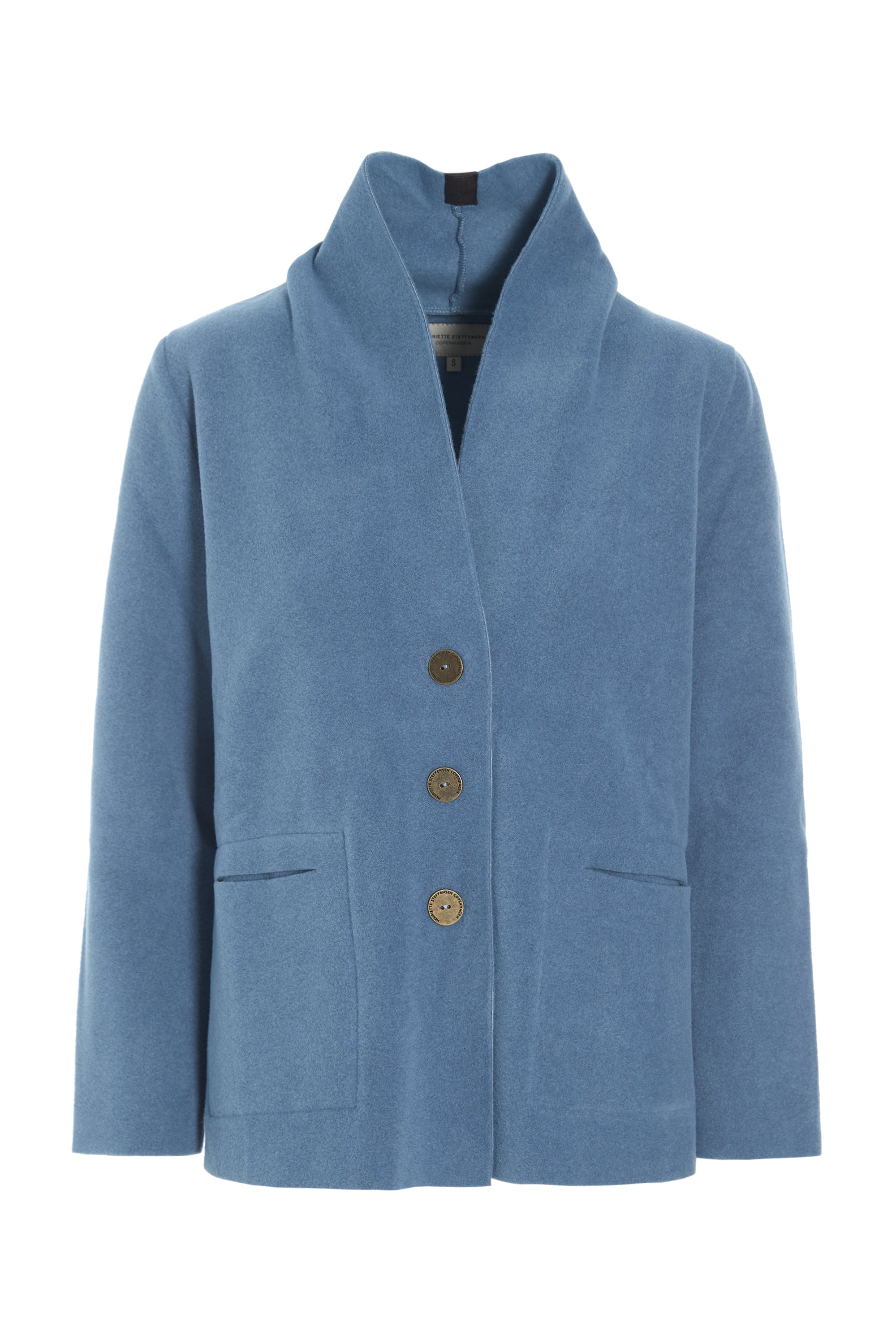 A light blue shawl collar jacket with three brown buttons and front flap pockets, shown on a plain white background.