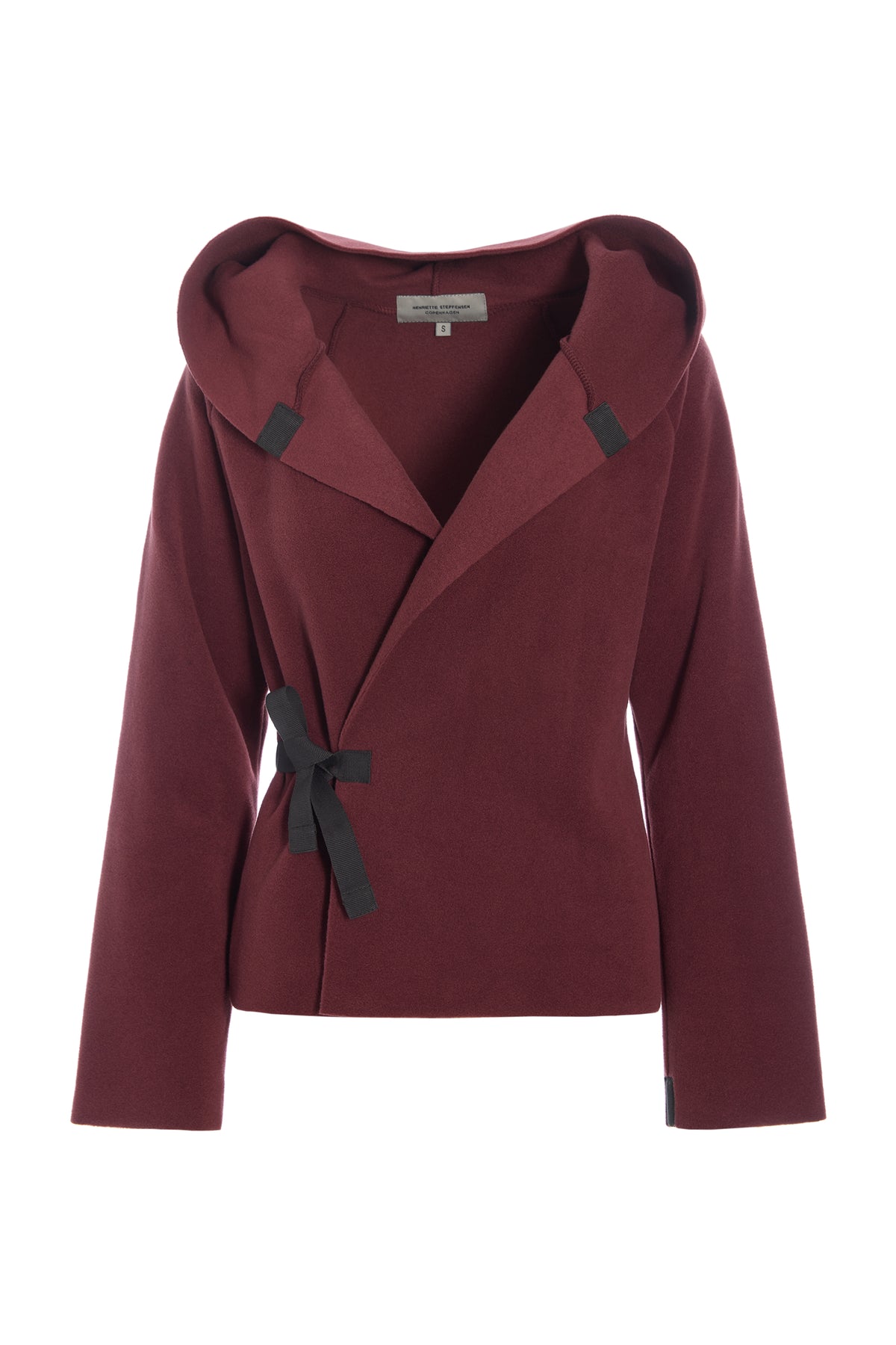 Henriette Steffensen burgundy fleece cardigan with a hood and a waist tie closure isolated on white background.