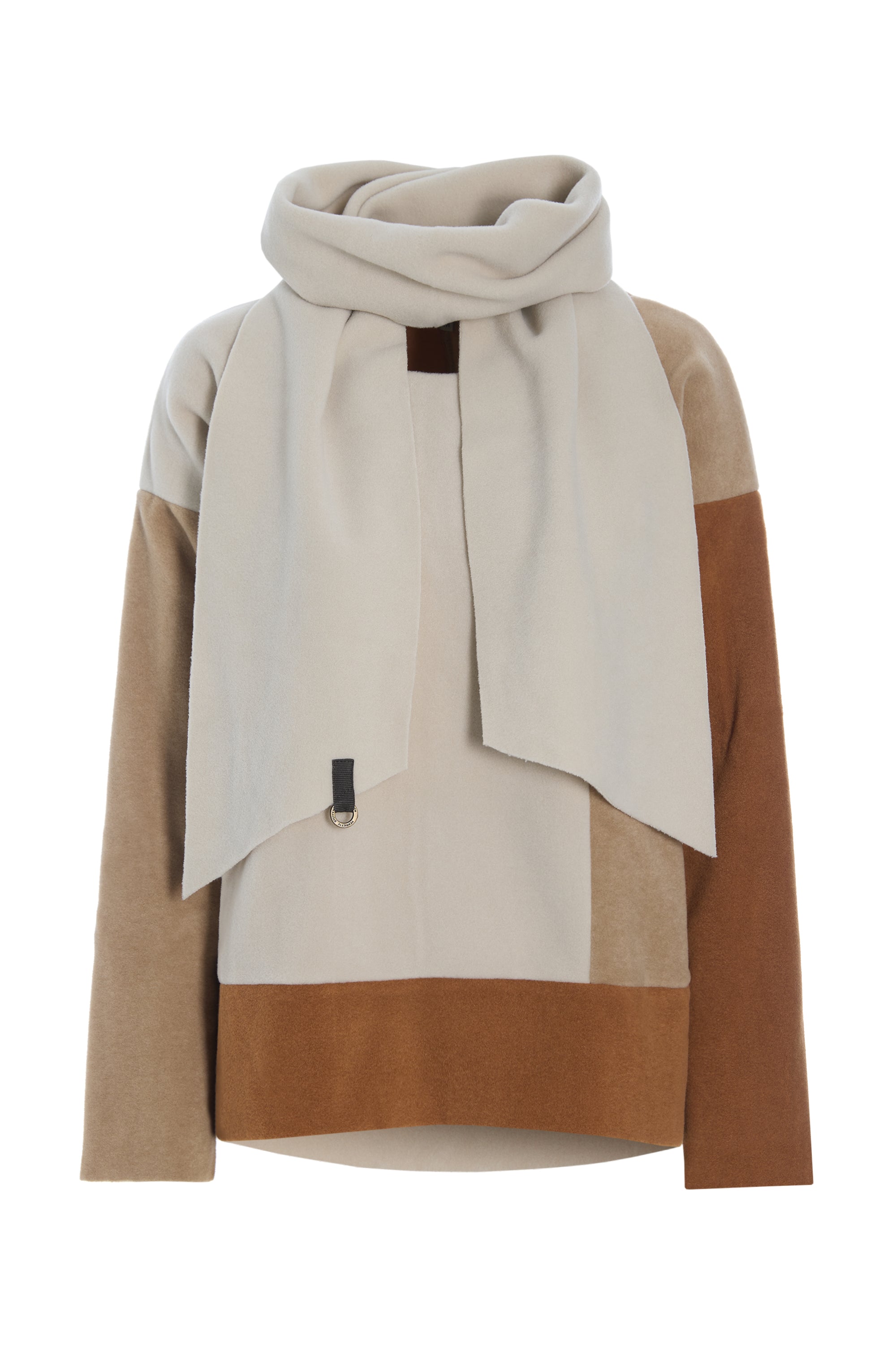 Henriette Steffensen colorblock fleece sweater with matching scarf in neutral earth tones