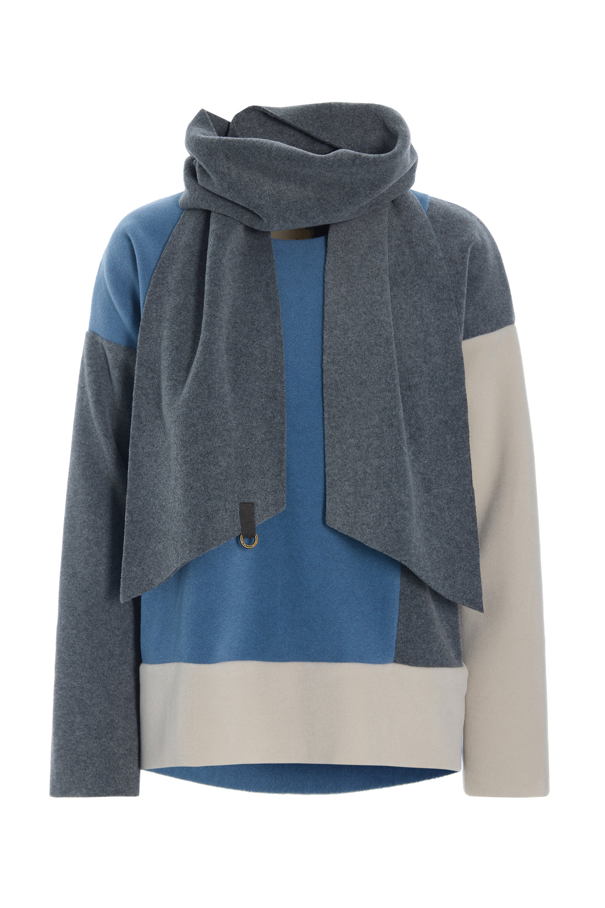 Henriette Steffensen colorblock fleece sweater with matching integrated scarf in blue, grey, and beige tones