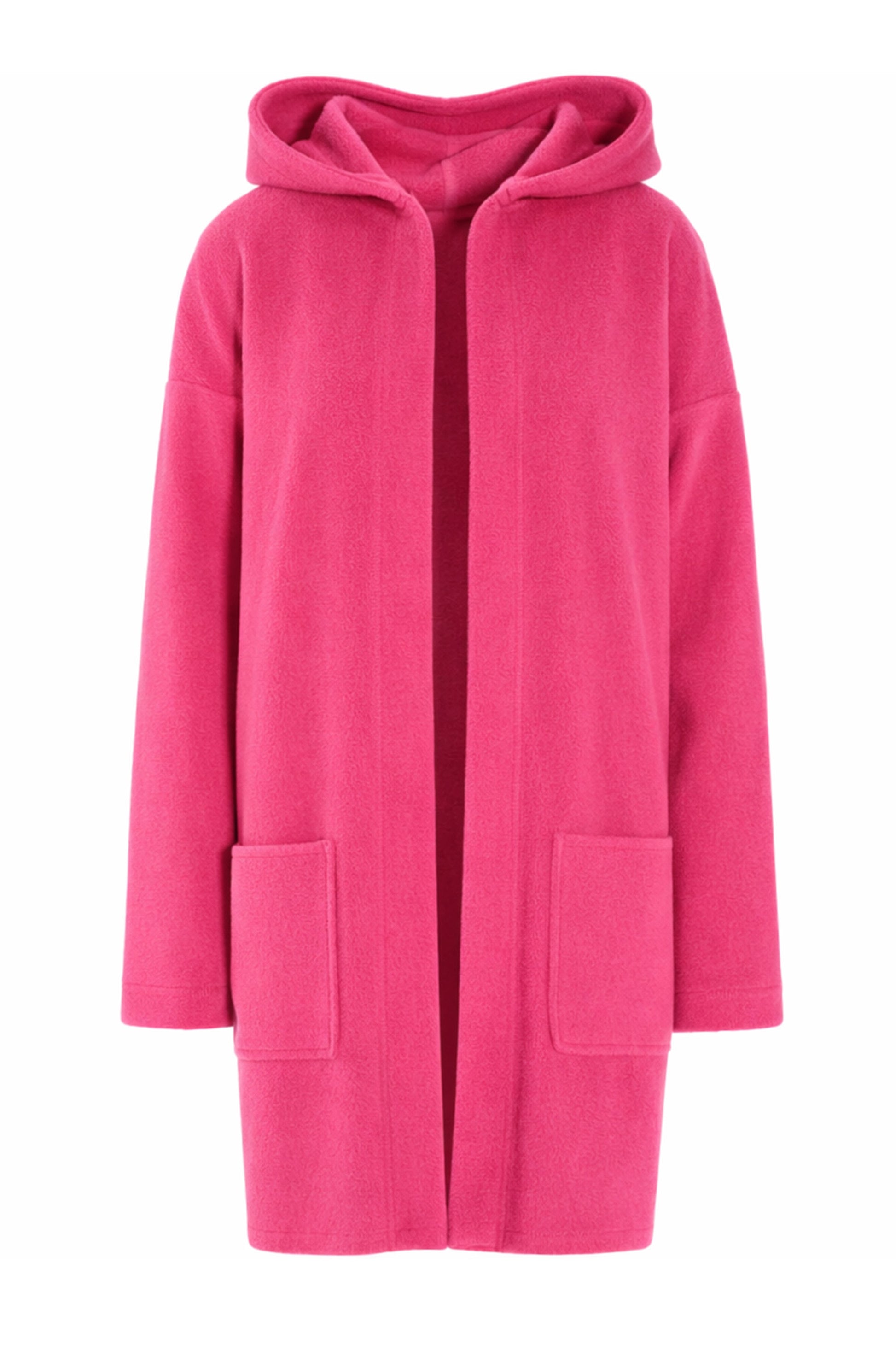 Long pink fleece cardigan with hood and long sleeves on a white background