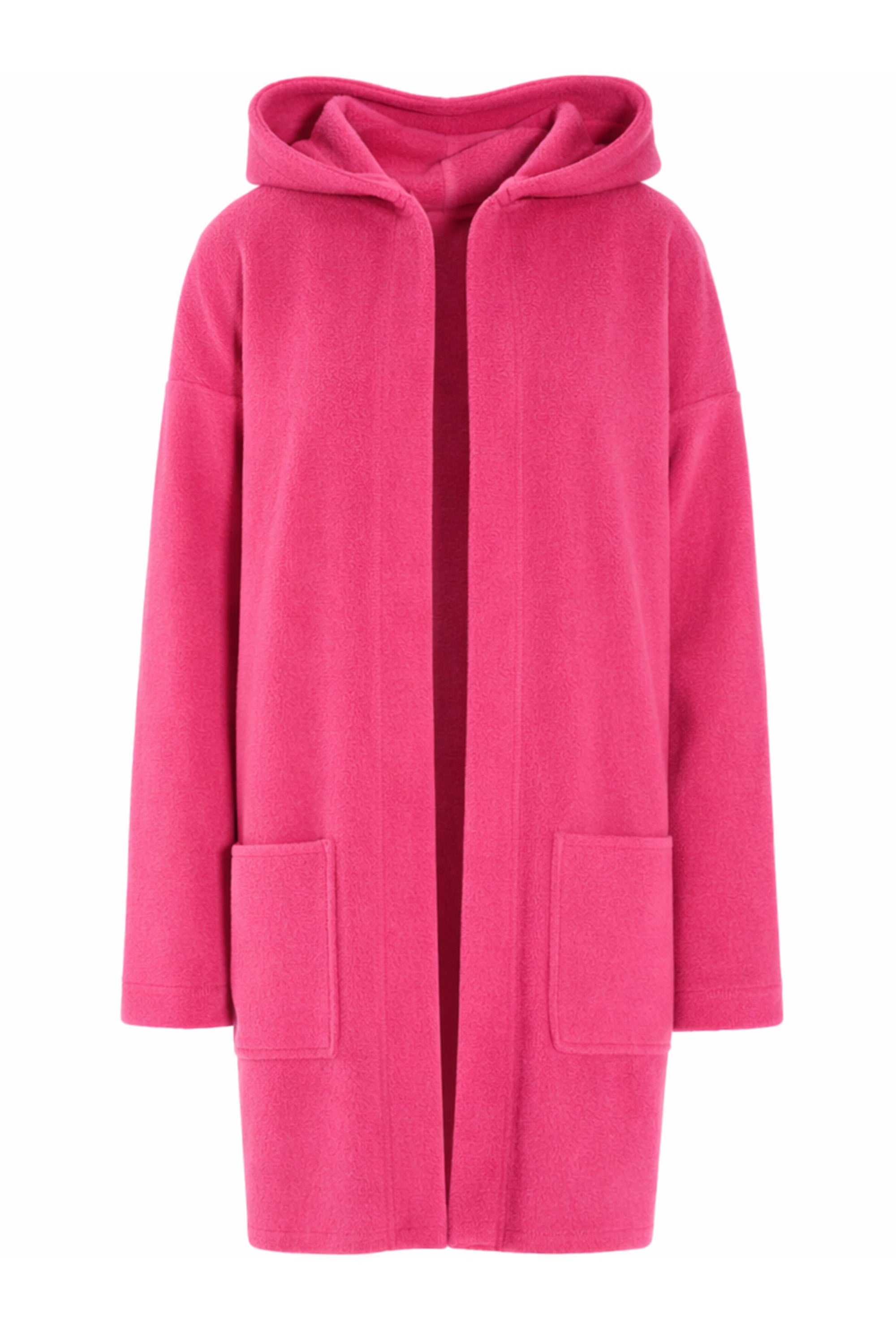 Long pink fleece cardigan with hood and long sleeves on a white background