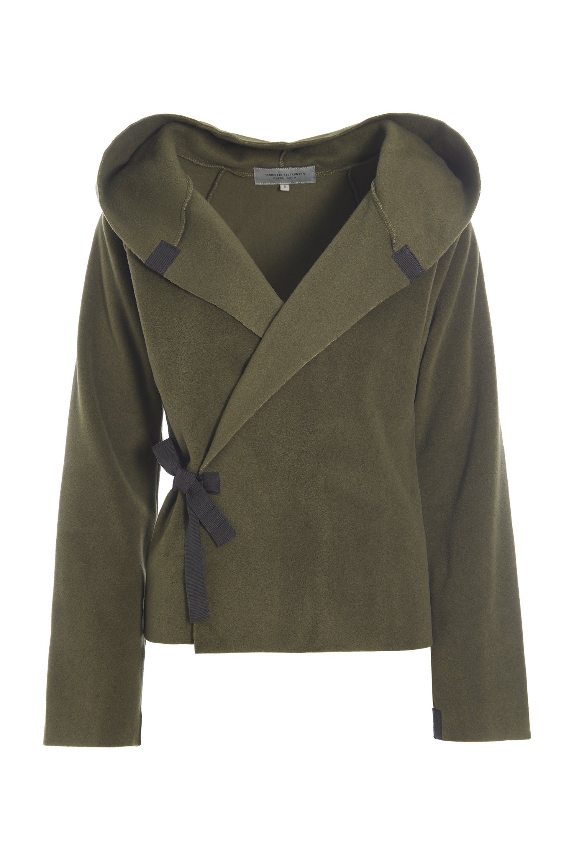An olive green wrap jacket with a wide collar, long sleeves, and a dark gray tie belt, shown against a plain white background.