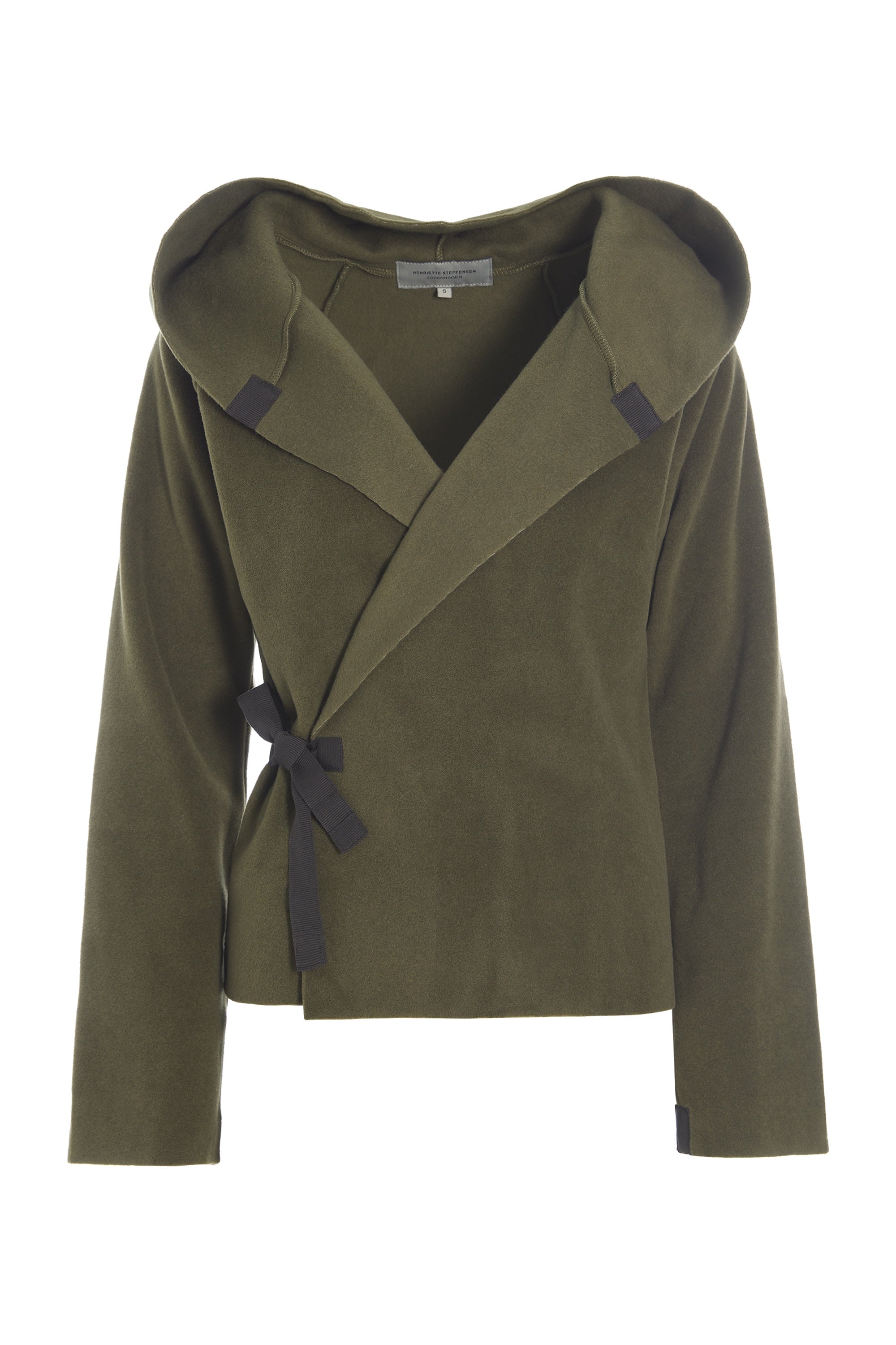 An olive green wrap jacket with a wide collar, long sleeves, and a dark gray tie belt, shown against a plain white background.
