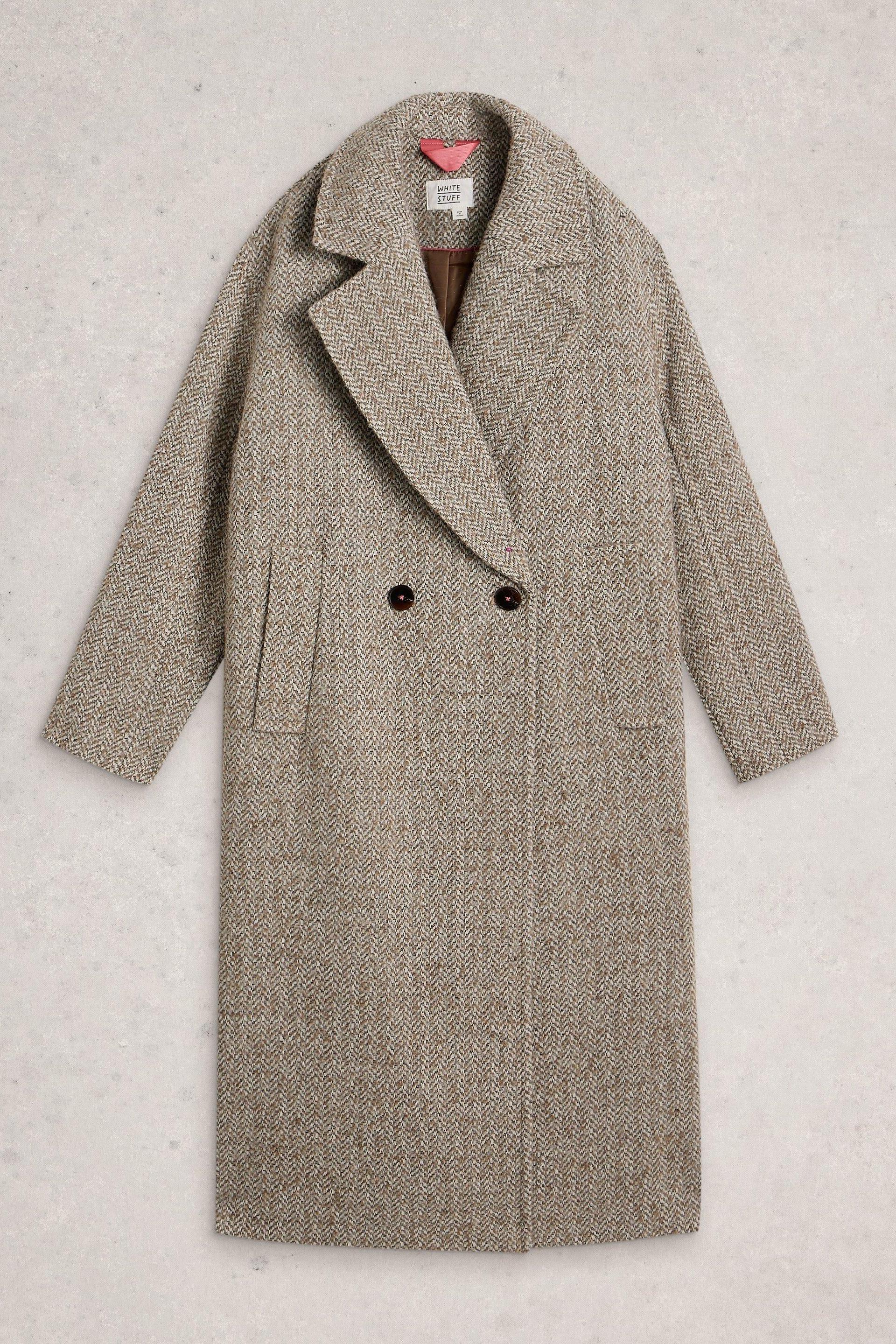 White Stuff women's wool coat in a beige herringbone pattern, laid flat against a neutral background.