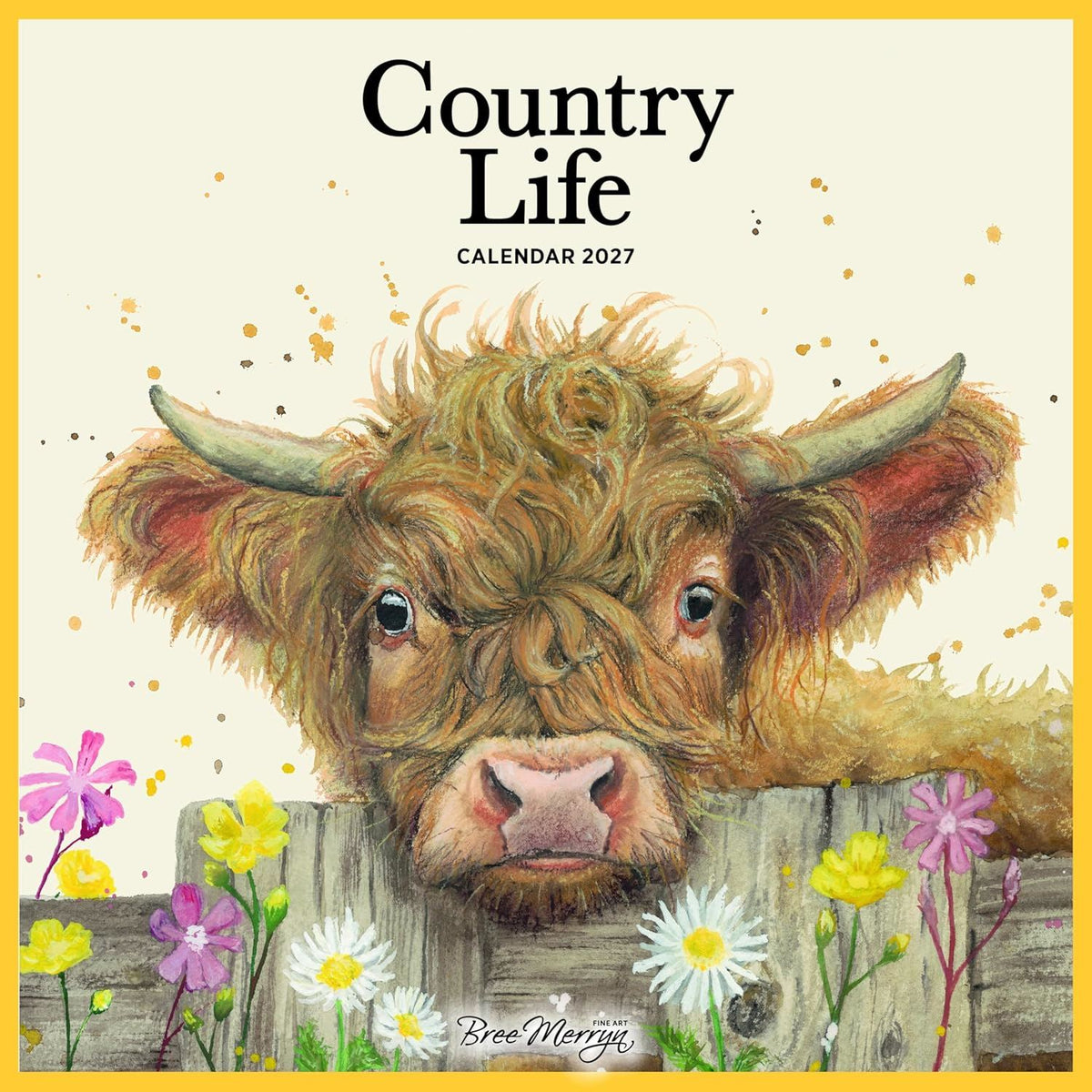 Watercolor illustration of a fluffy Highland cow peering over a wooden fence, featured on a Country Life wall planner.
