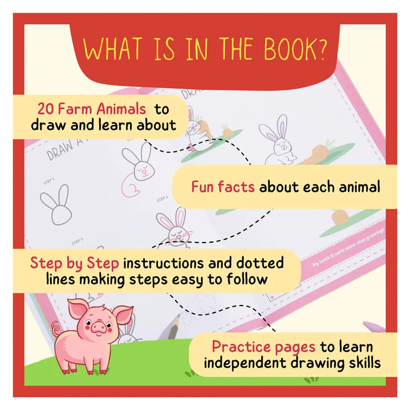 Promotional graphic for a children's activity book titled 'WHAT IS IN THE BOOK?' showing a sample page with farm animal drawings and text callouts describing included content: 20 farm animals to draw and learn about, fun facts about each animal, step-by-step instructions, and practice pages for independent drawing skills.