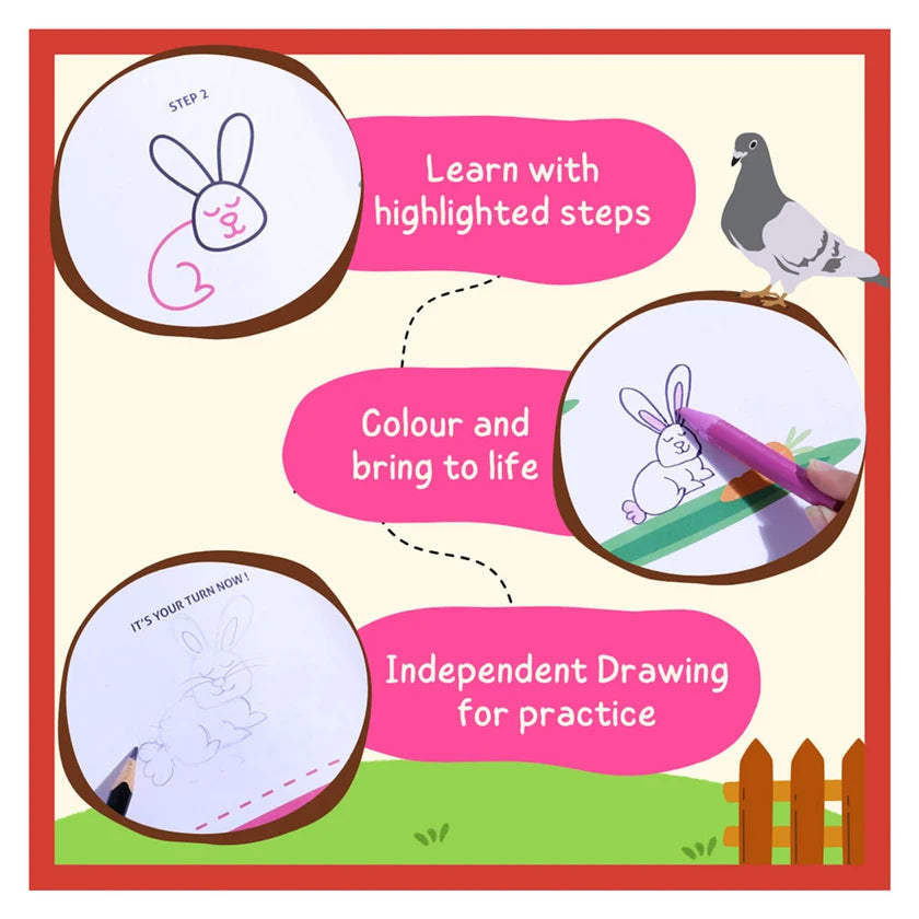 Promotional graphic for a children's drawing activity book or kit, featuring three circular inset illustrations showing stages of drawing a rabbit: a simple line drawing, a colored rabbit, and an independent drawing. Pink text bubbles read 'Learn with highlighted steps', 'Colour and bring to life', and 'Independent Drawing for practice'.