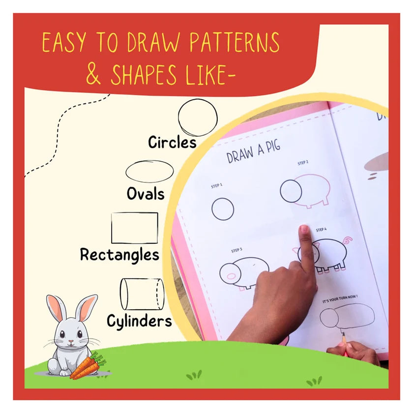 A children's drawing activity book cover and page shown in a promotional graphic. The top text reads 'EASY TO DRAW PATTERNS & SHAPES LIKE-'.