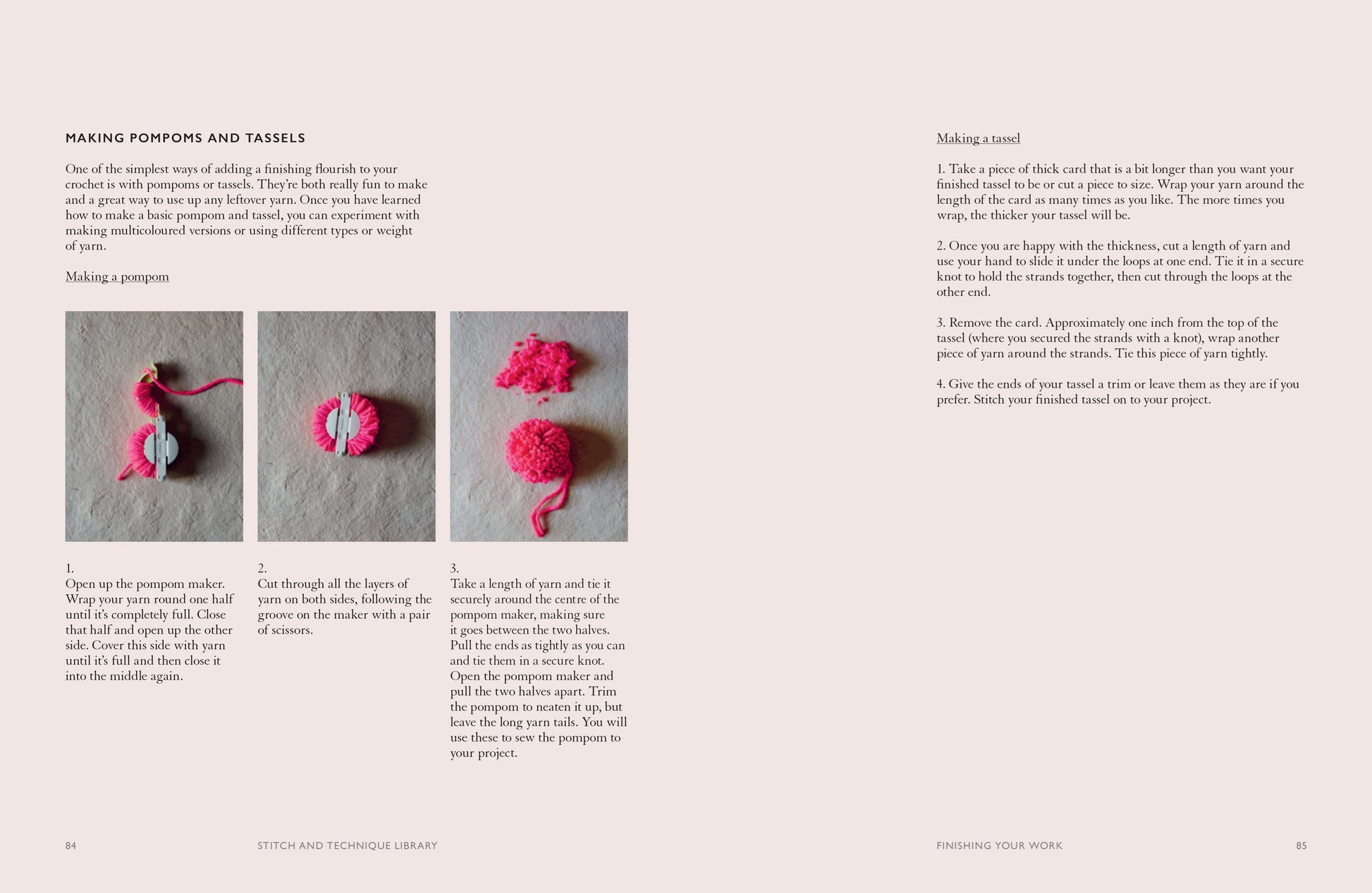 Instructions for making pom-poms and tassels with text and images on a light gray background.