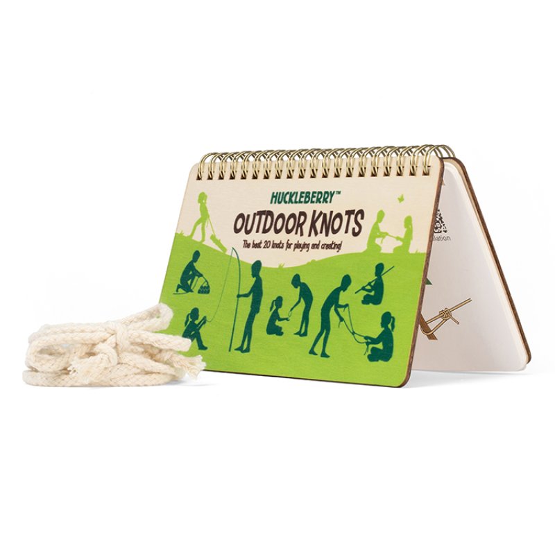 Huckleberry Outdoor Knots guide with instructional rope for a children's toy rope tying game.