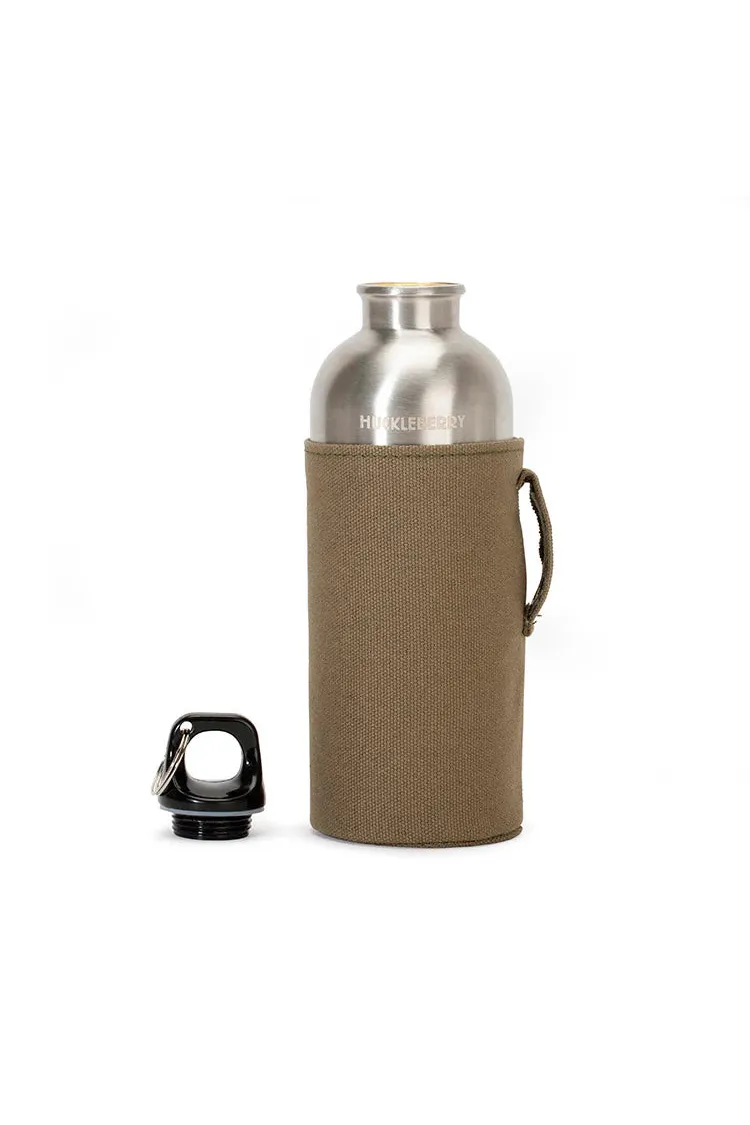 Silver water bottle with a green sleeve on a white background