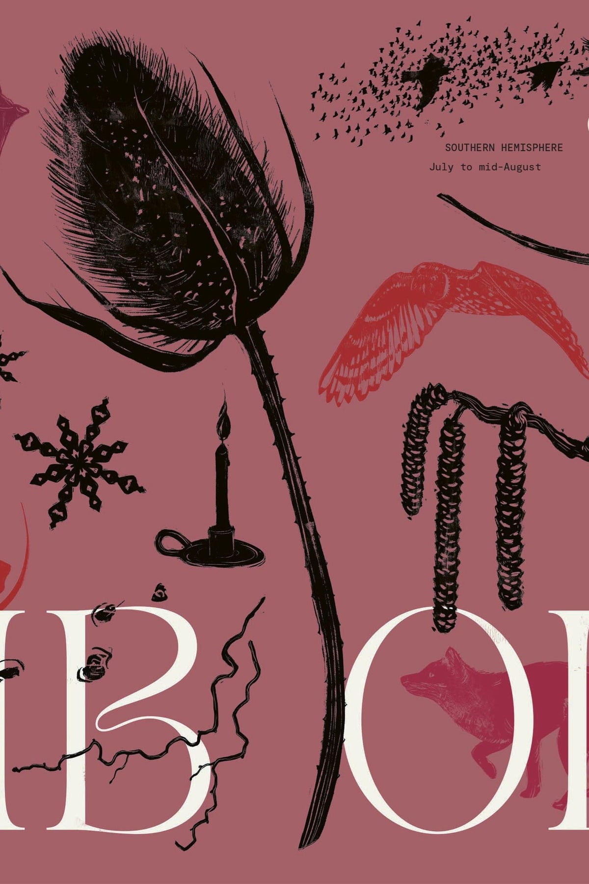 Artistic botanical illustration of Imbolc symbols including snowdrops, a tea kettle, birds, and a fox on a red background.