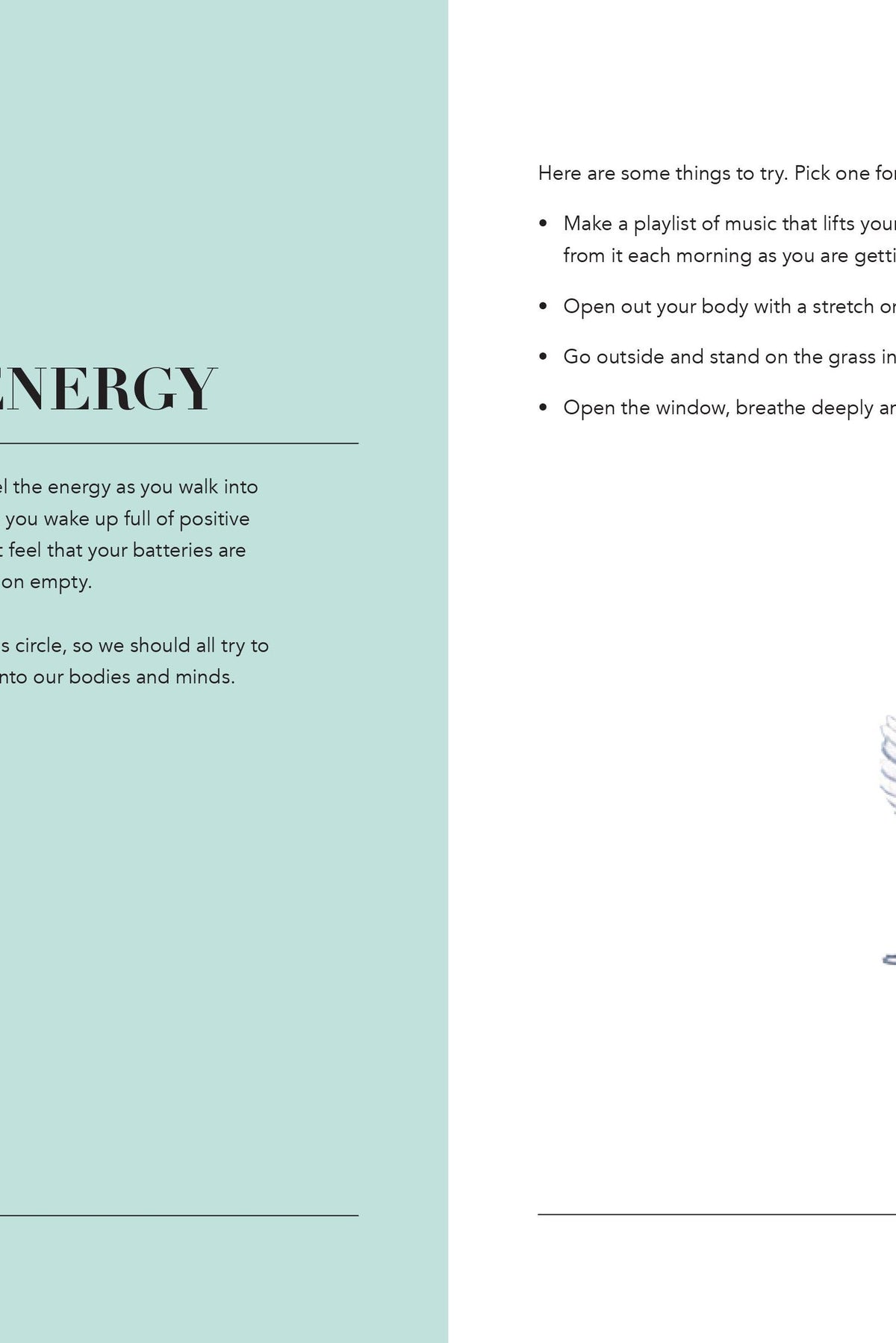 A mindfulness journal page titled Invite Energy with text about positive habits and a watercolour crane illustration.