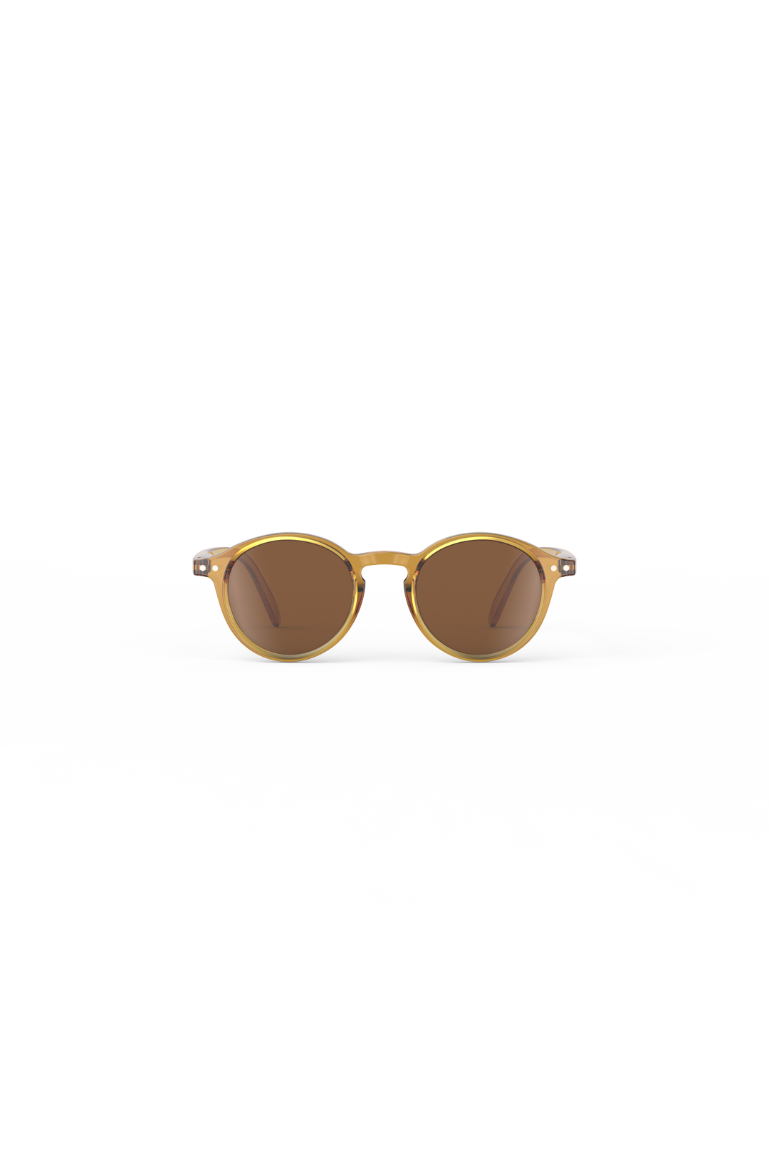 A pair of round amber-colored Izipizi sunglasses with brown tinted lenses isolated on a white background.