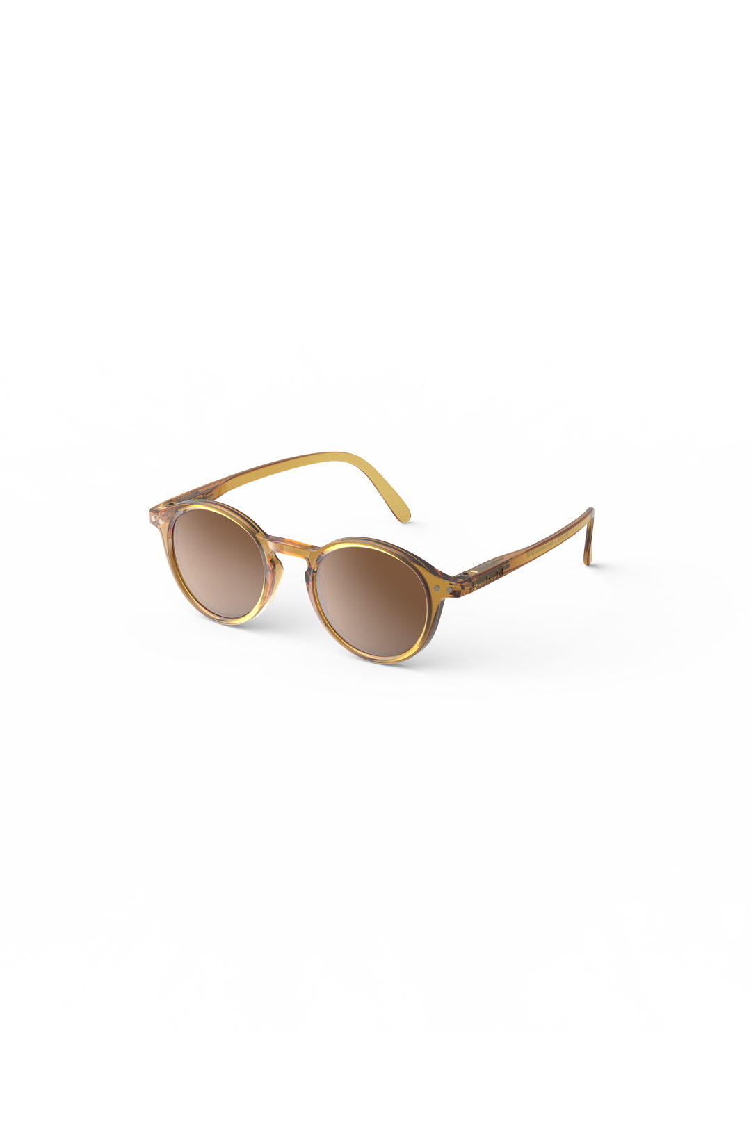 Studio product shot of Izipizi round amber-colored sunglasses against a plain white background.