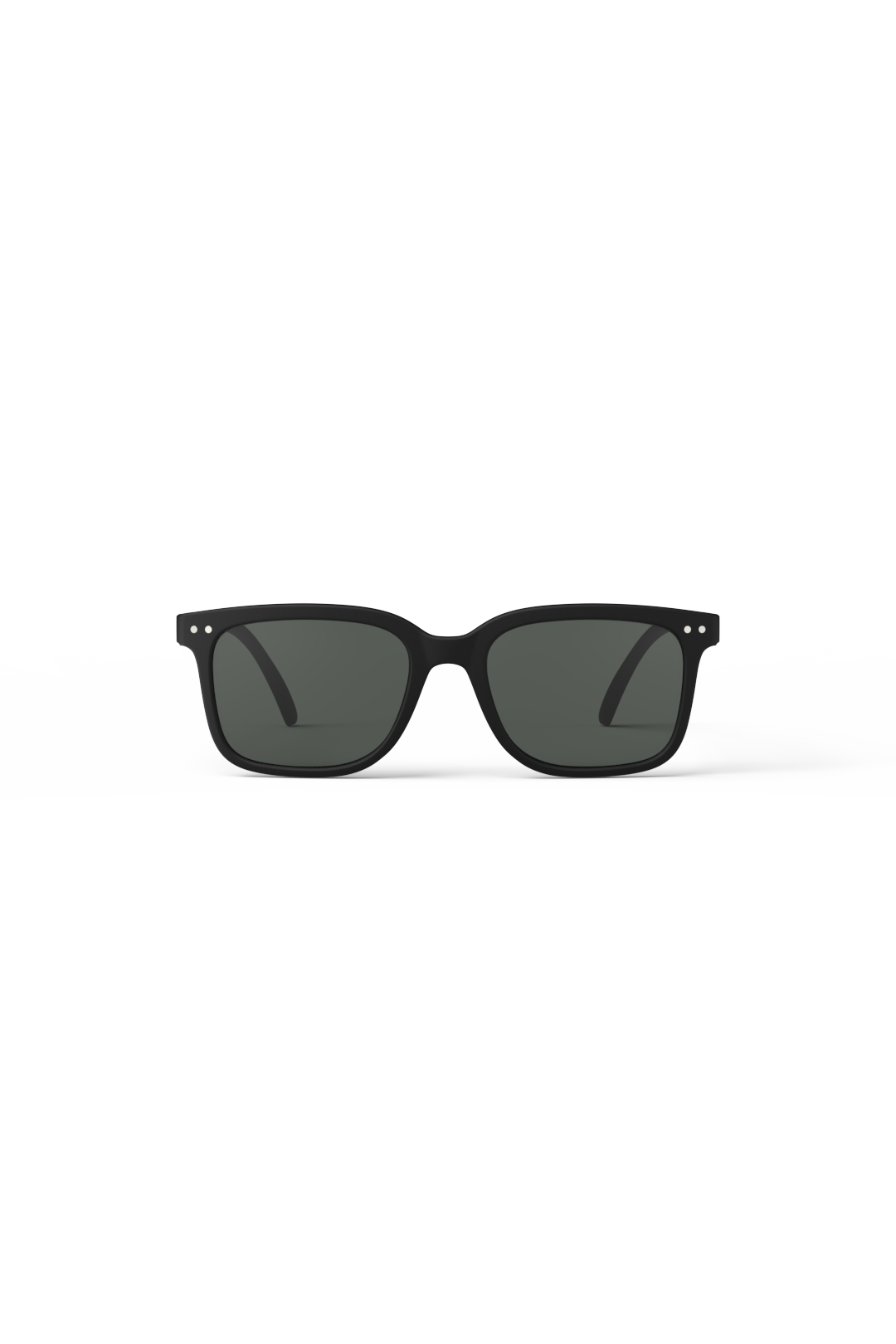 Front view of black Izipizi sunglasses with dark lenses against a plain white background.