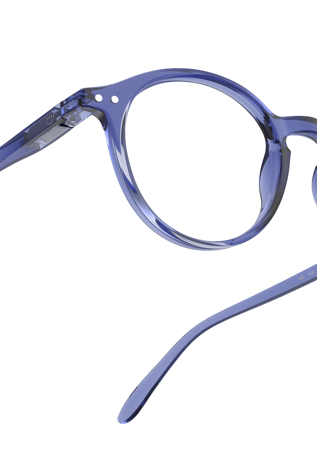 Close-up of Izipizi blue translucent bio-plastic reading glasses frame.