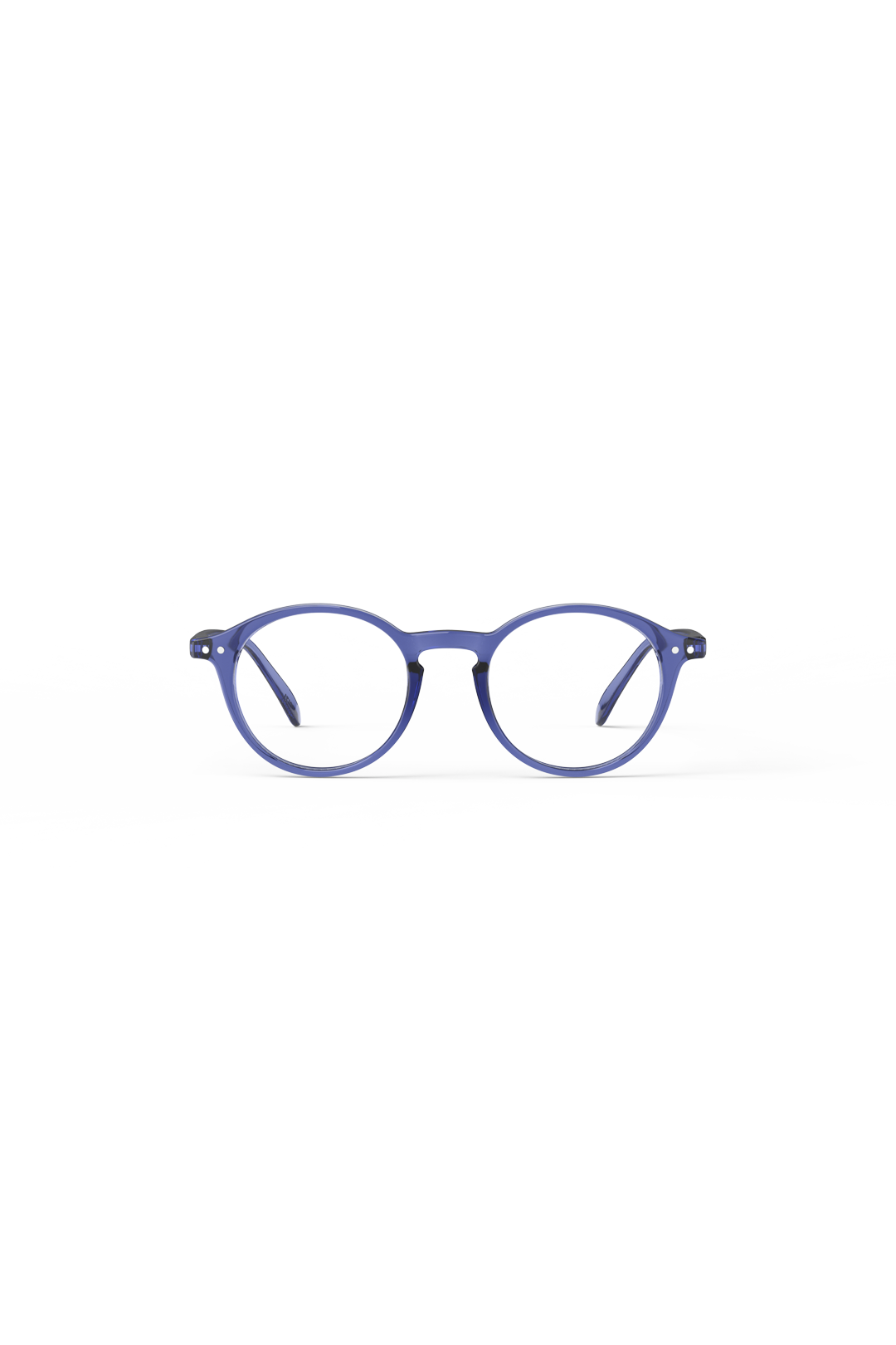 Front view of stylish blue bio-plastic Izipizi reading glasses isolated on a plain background.