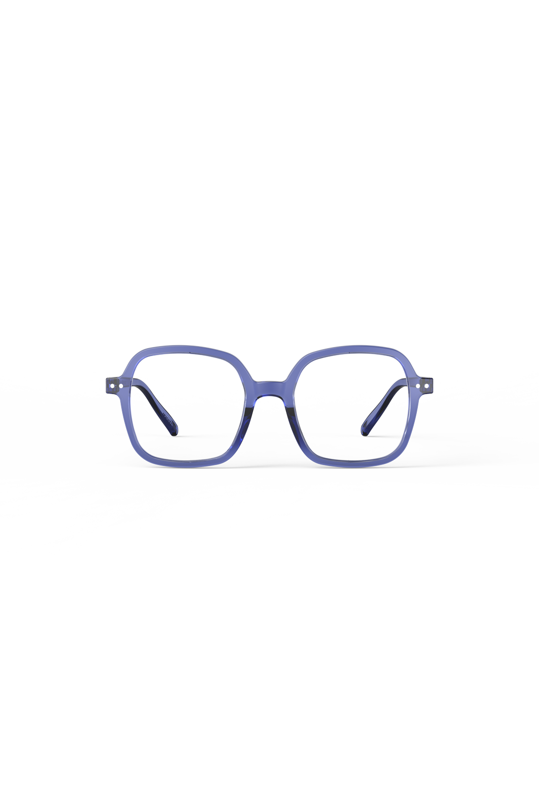 Close-up of Izipizi blue office shape reading glasses with a transparent frame design.