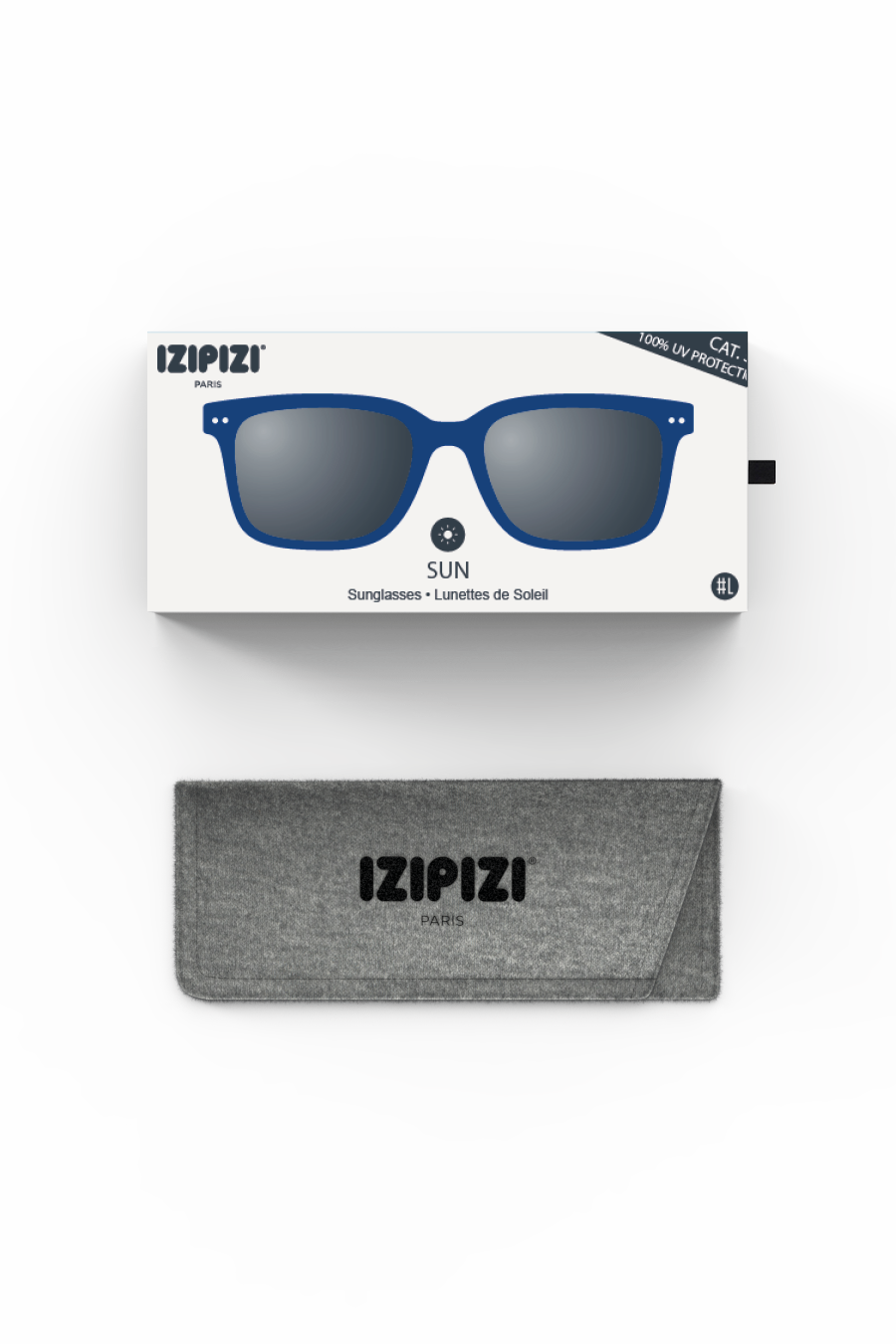 Izipizi blue sunglasses in branded white packaging box next to a grey felt protective case.