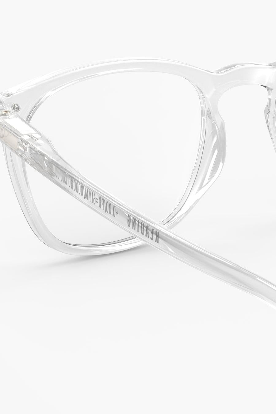 Close up of izipizi clear frame glasses