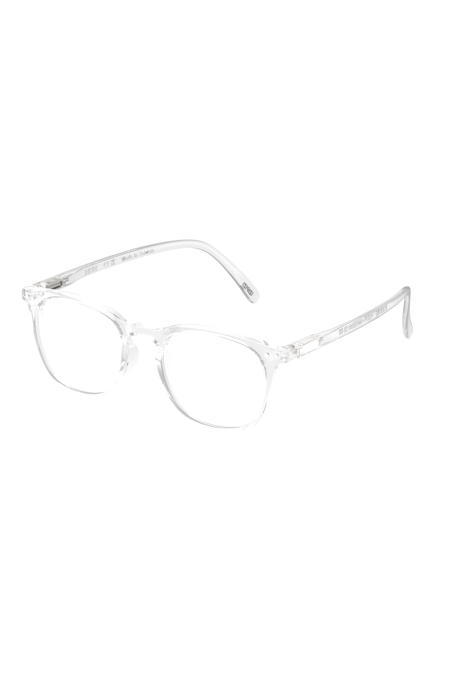 Izipizi clear frame reading glasses on white background