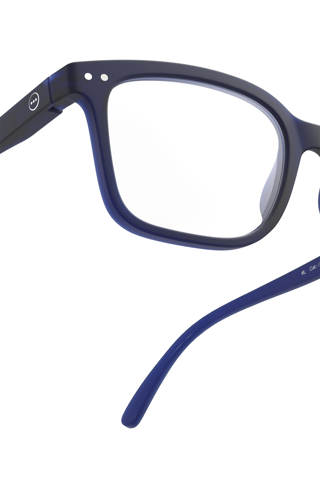 Close-up of Izipizi dark blue reading glasses frame showing design details and temple arm