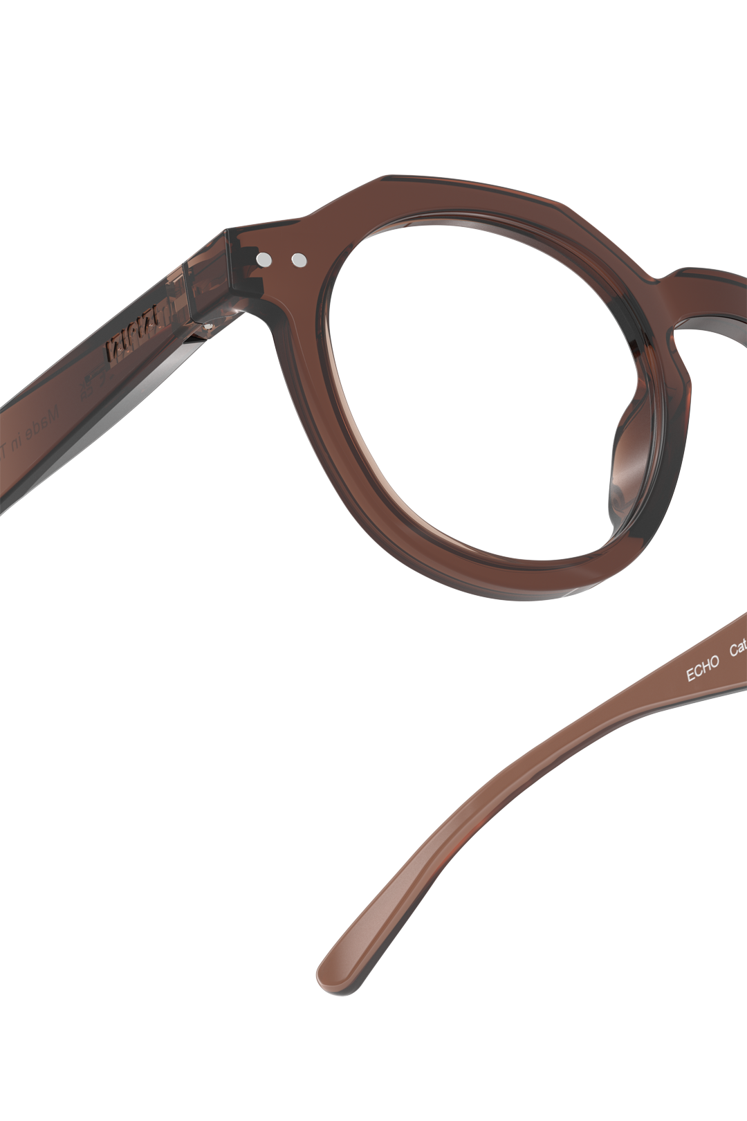 Close-up of Izipizi Echo readers in dark espresso brown against a white background.