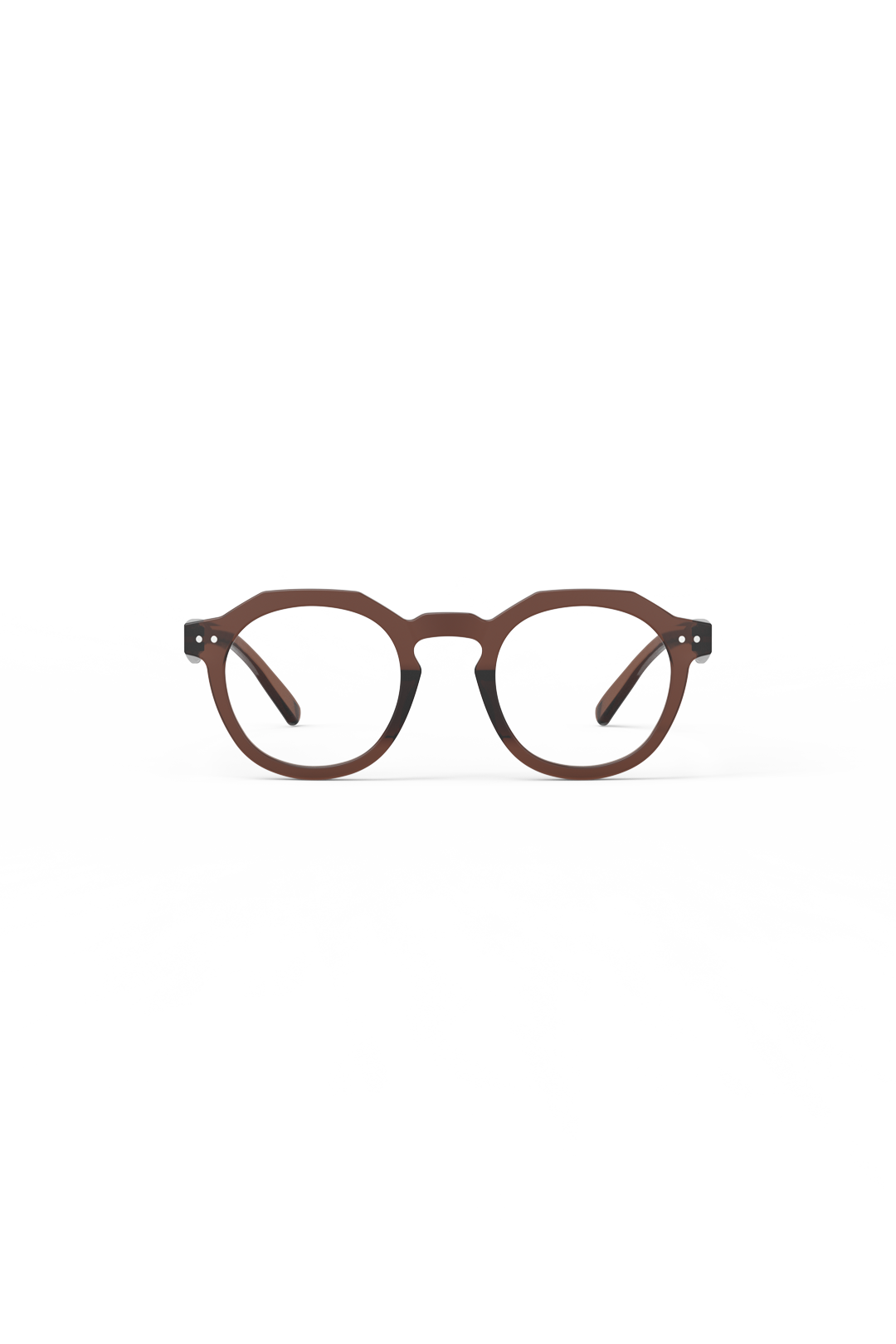Front view of stylish Izipizi dark espresso brown round fashion reading glasses on a clean white background