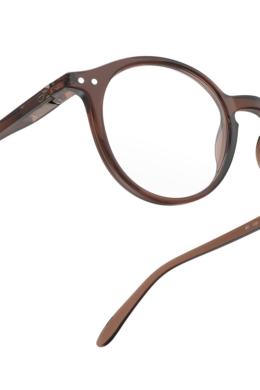 Close-up of Izipizi dark espresso brown round reading glasses against a white background.