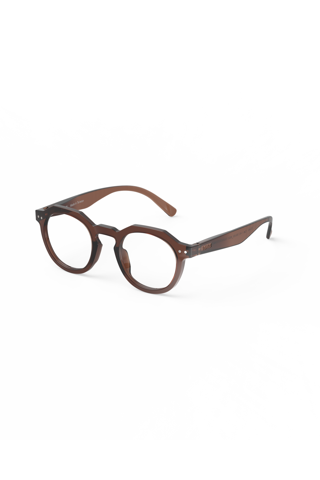 Izipizi dark espresso brown round fashion reading glasses on a plain white background.