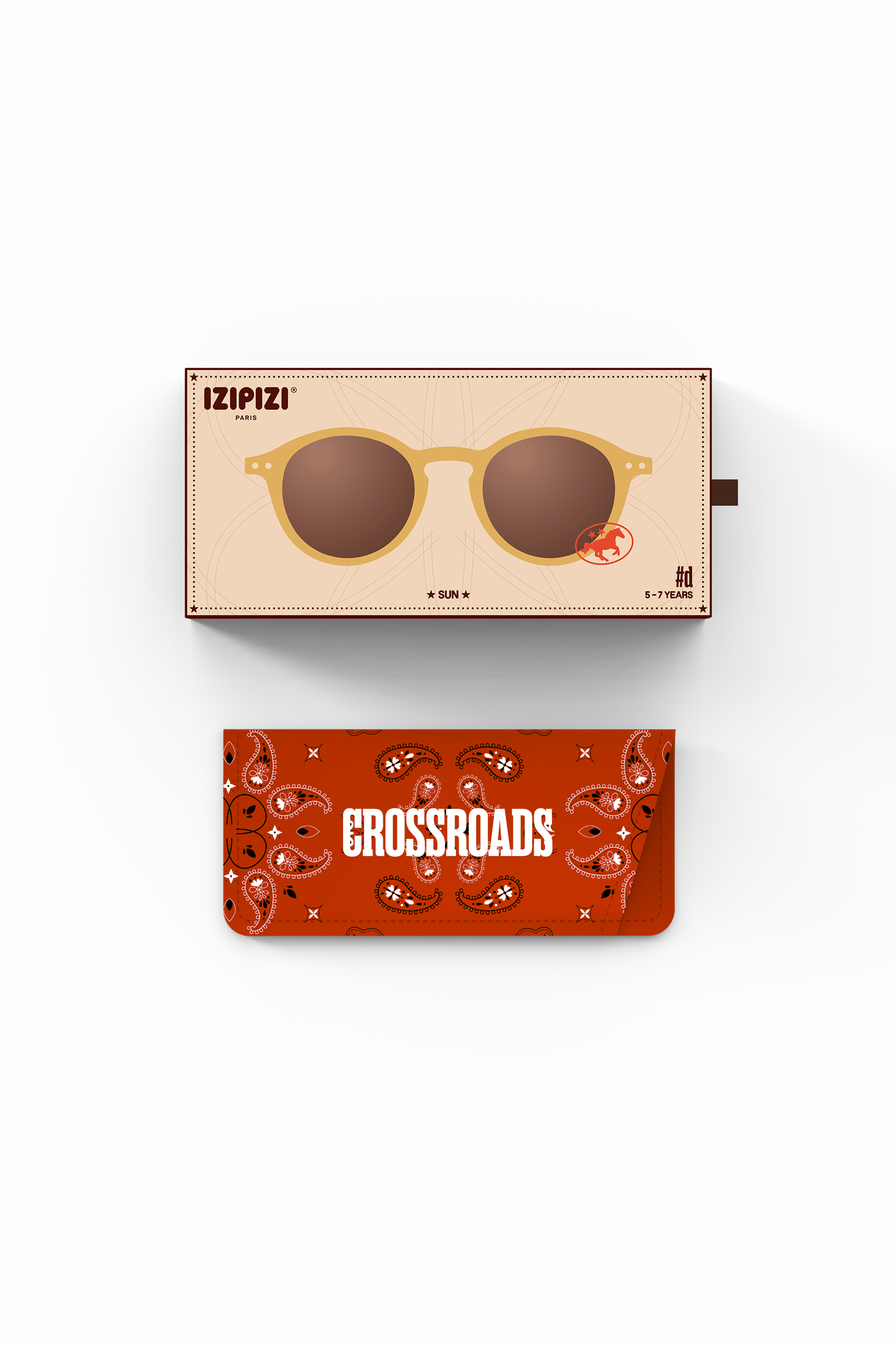 Izipizi kids sunglasses box and Crossroads patterned bandana style case.