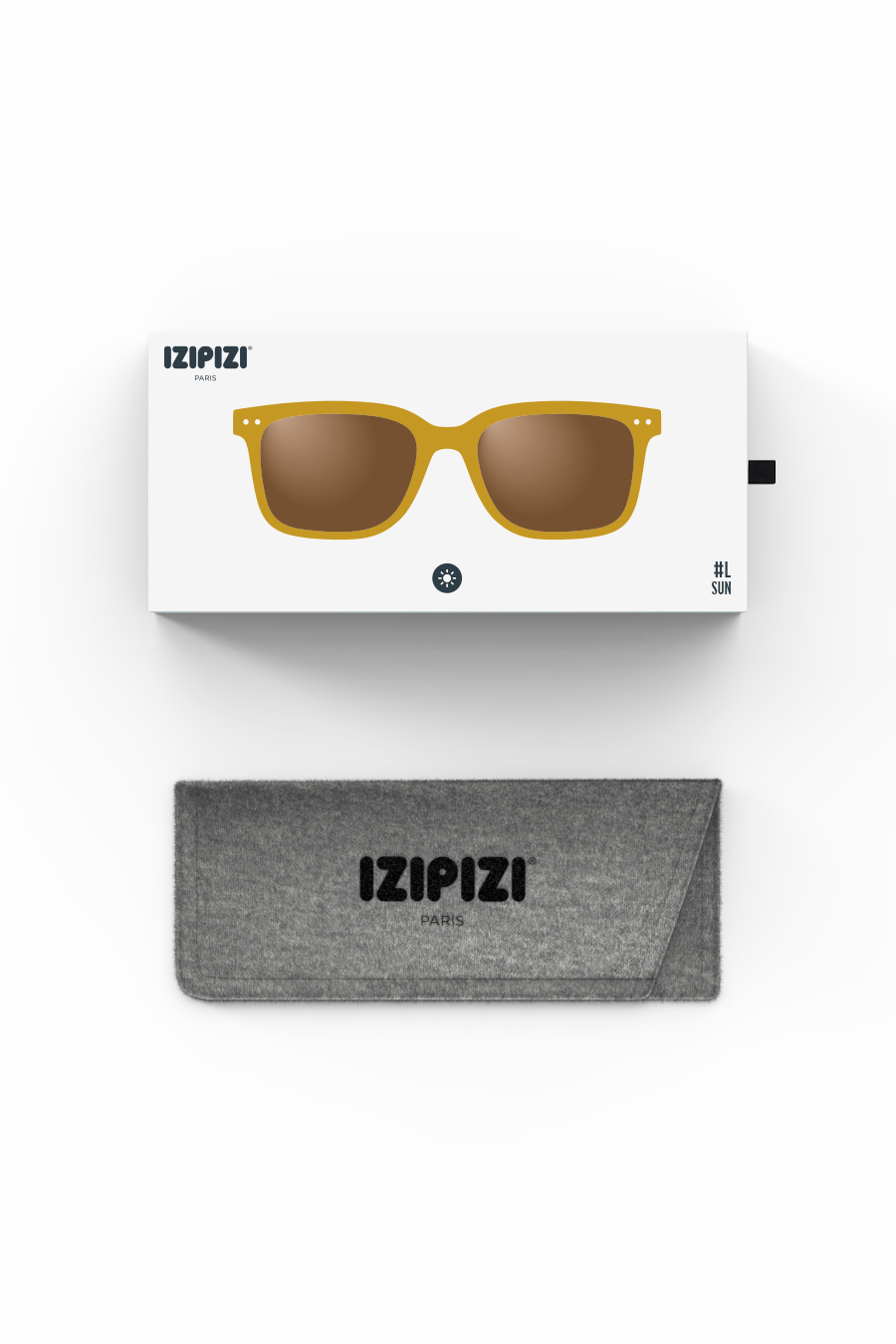 Izipizi #L Sun green sunglasses in white retail box with grey felt case.