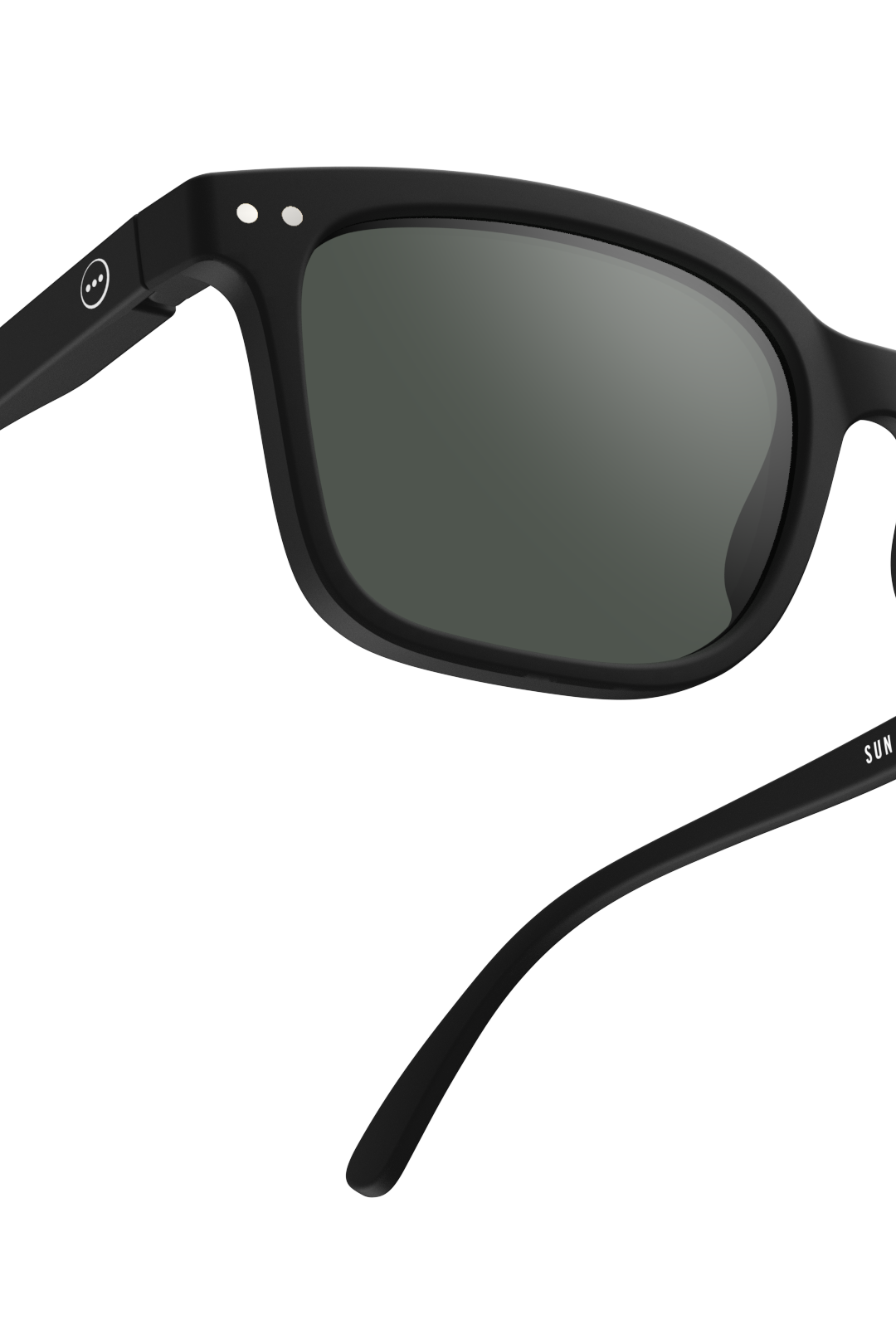Close-up of matte black Izipizi sunglasses with dark lenses against a white background.