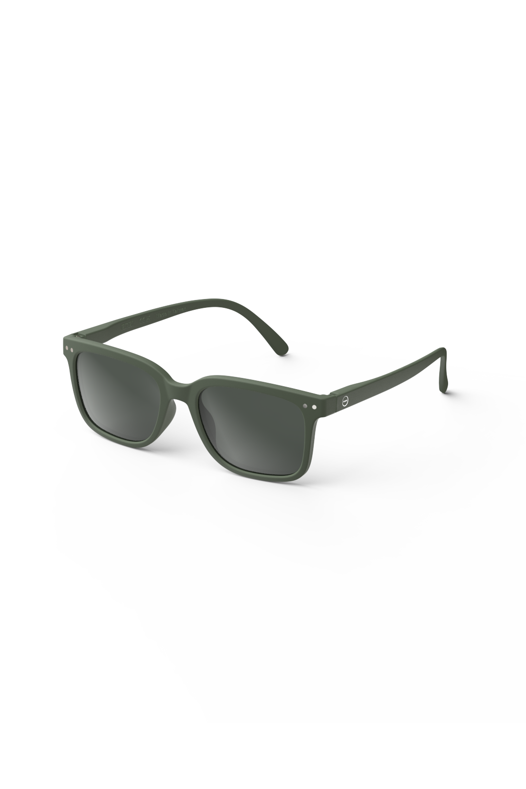 Izipizi matte khaki green sunglasses viewed from a high angle on a white background.