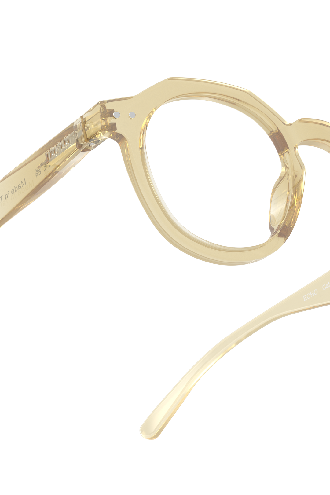Close-up of translucent light yellow Izipizi fashion readers in Morning Ray color.