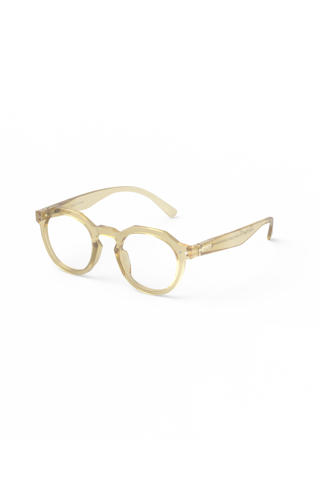 Izipizi Morning Ray fashion glasses with a round, transparent yellow frame against a white background.