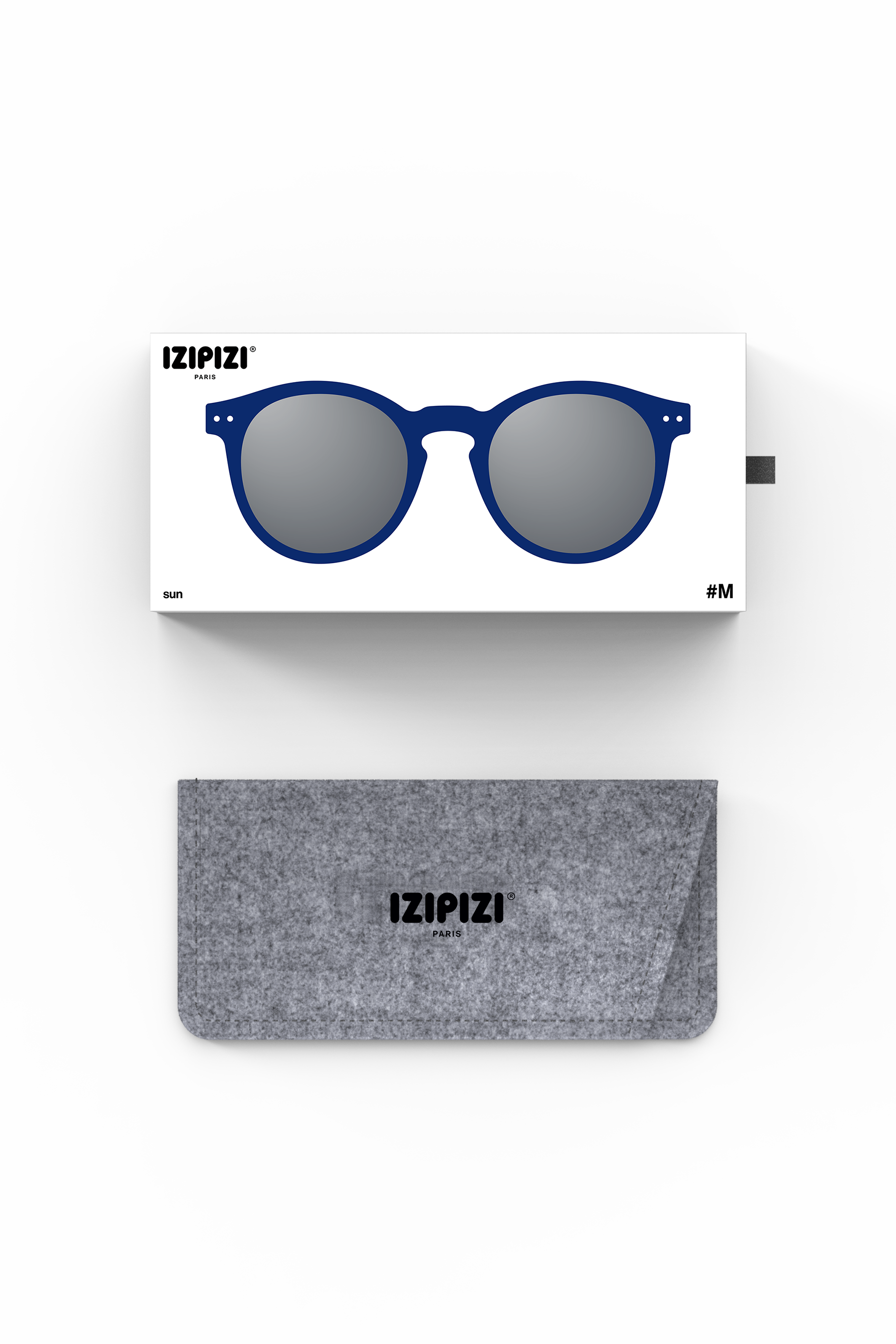 Blue sunglasses with gray case and 'IZIPIZI' branding on a white background