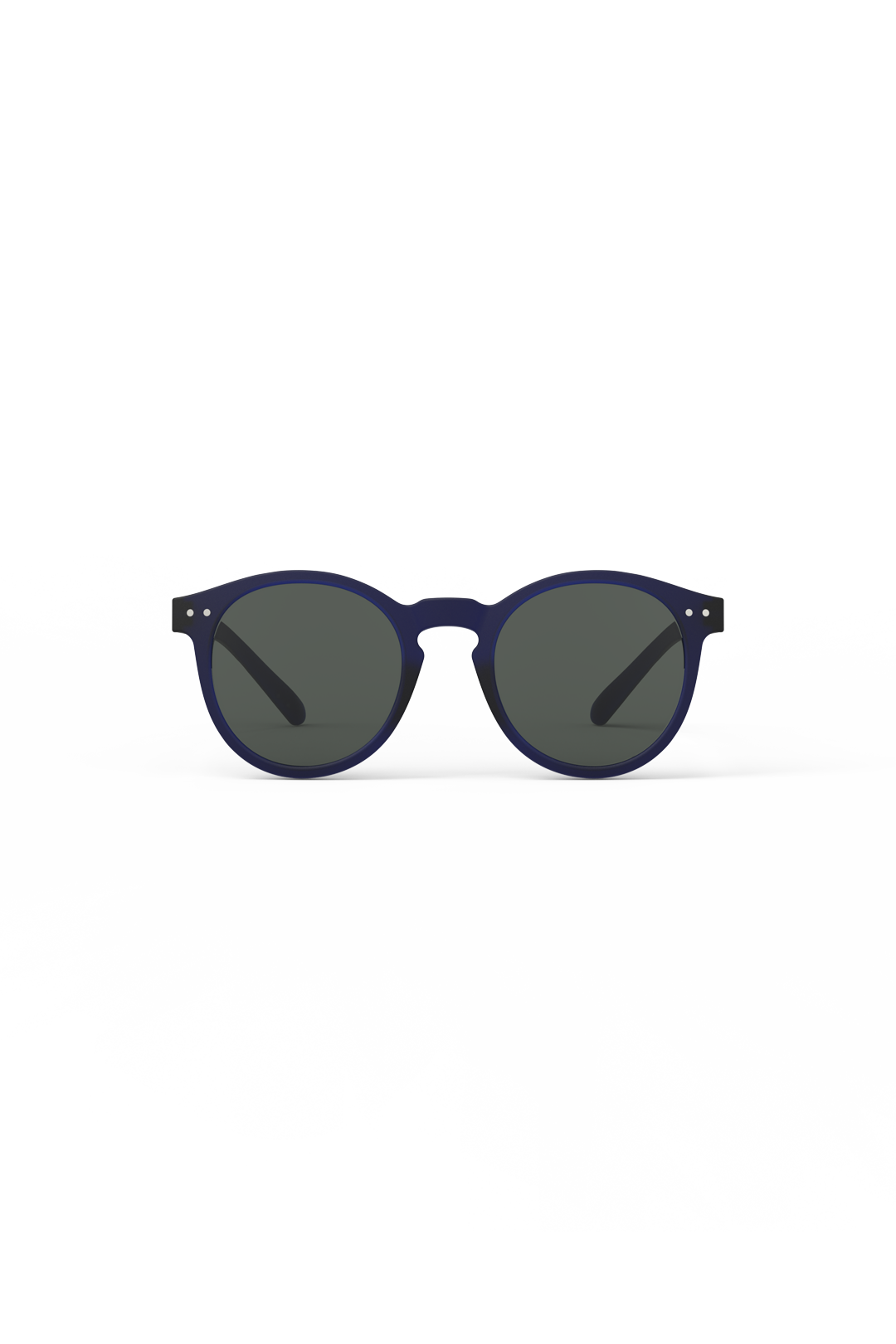 Sunglasses with dark lenses and blue frame on a white background