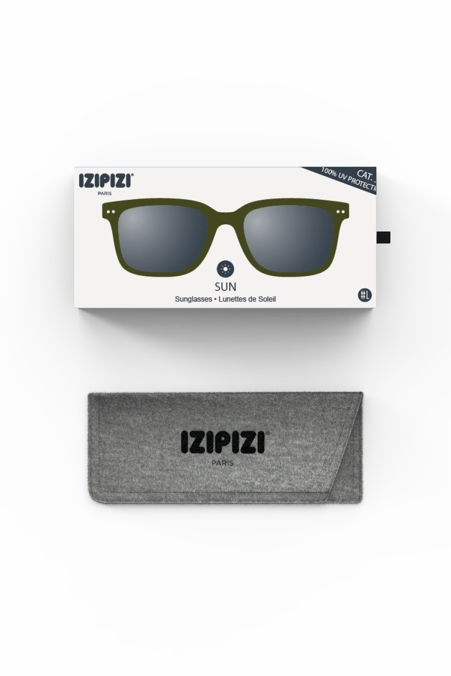 Izipizi olive green Sun sunglasses in packaging box with matching gray felt protective case on a light gray background.