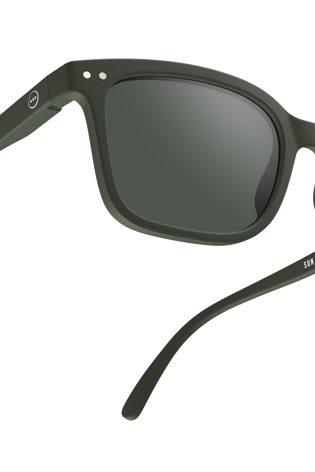Close-up of Izipizi olive green sunglasses against a clean white background.