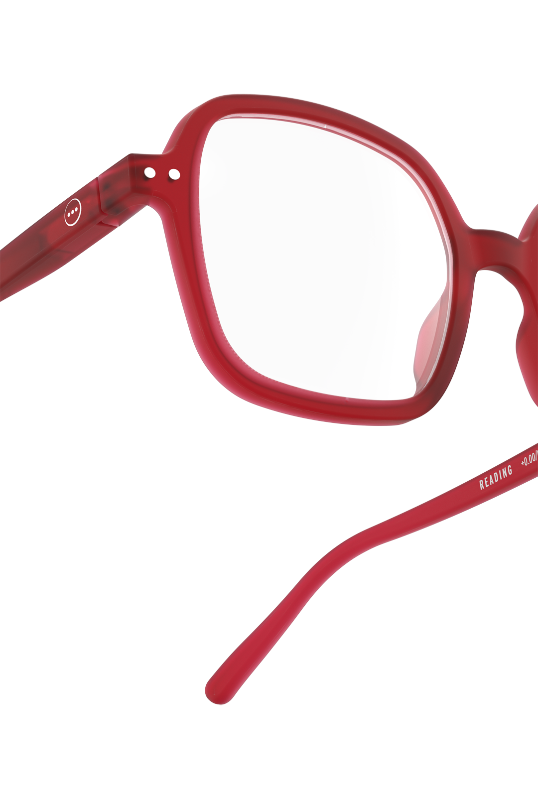 Close-up of Izipizi red reading glasses with a white background