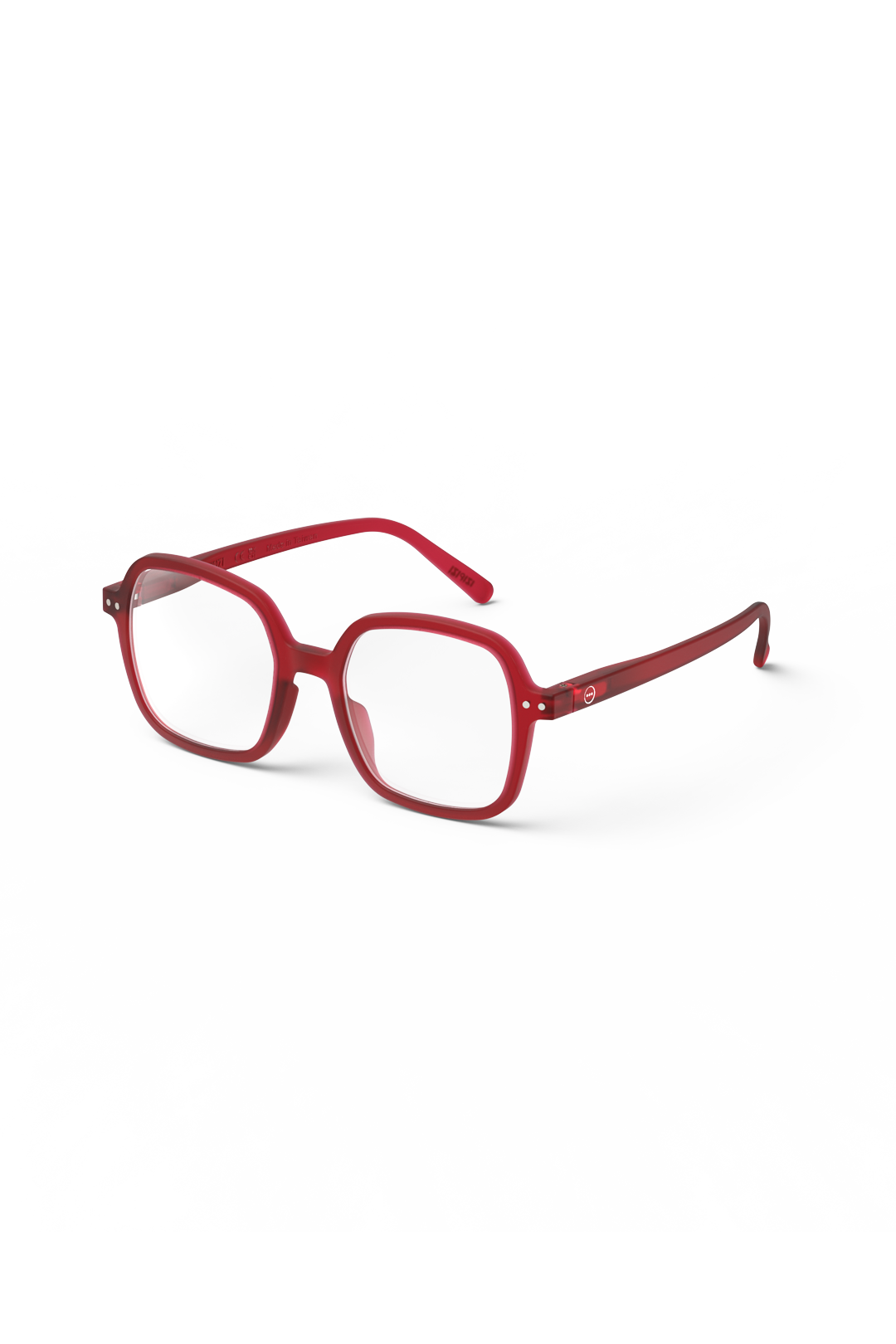Red square-frame Izipizi reading glasses on a white background